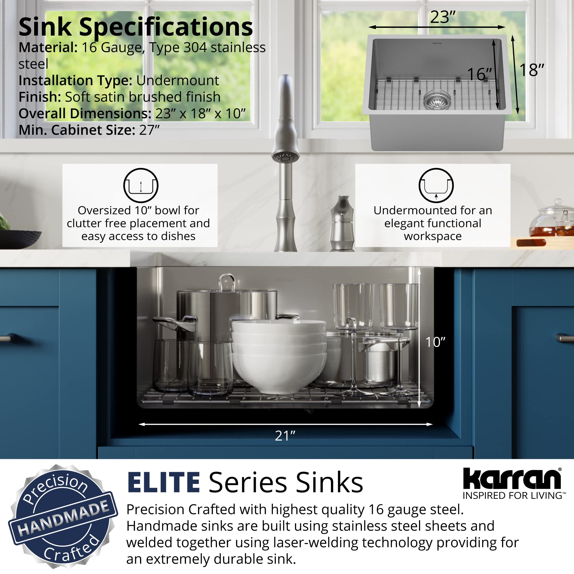 Karran EL-73-PK1 23-Inch Undermount Single Bowl Stainless Steel Kitchen Sink Kit - Perfect for Modern Home Kitchens & Restaurant Prep Stations