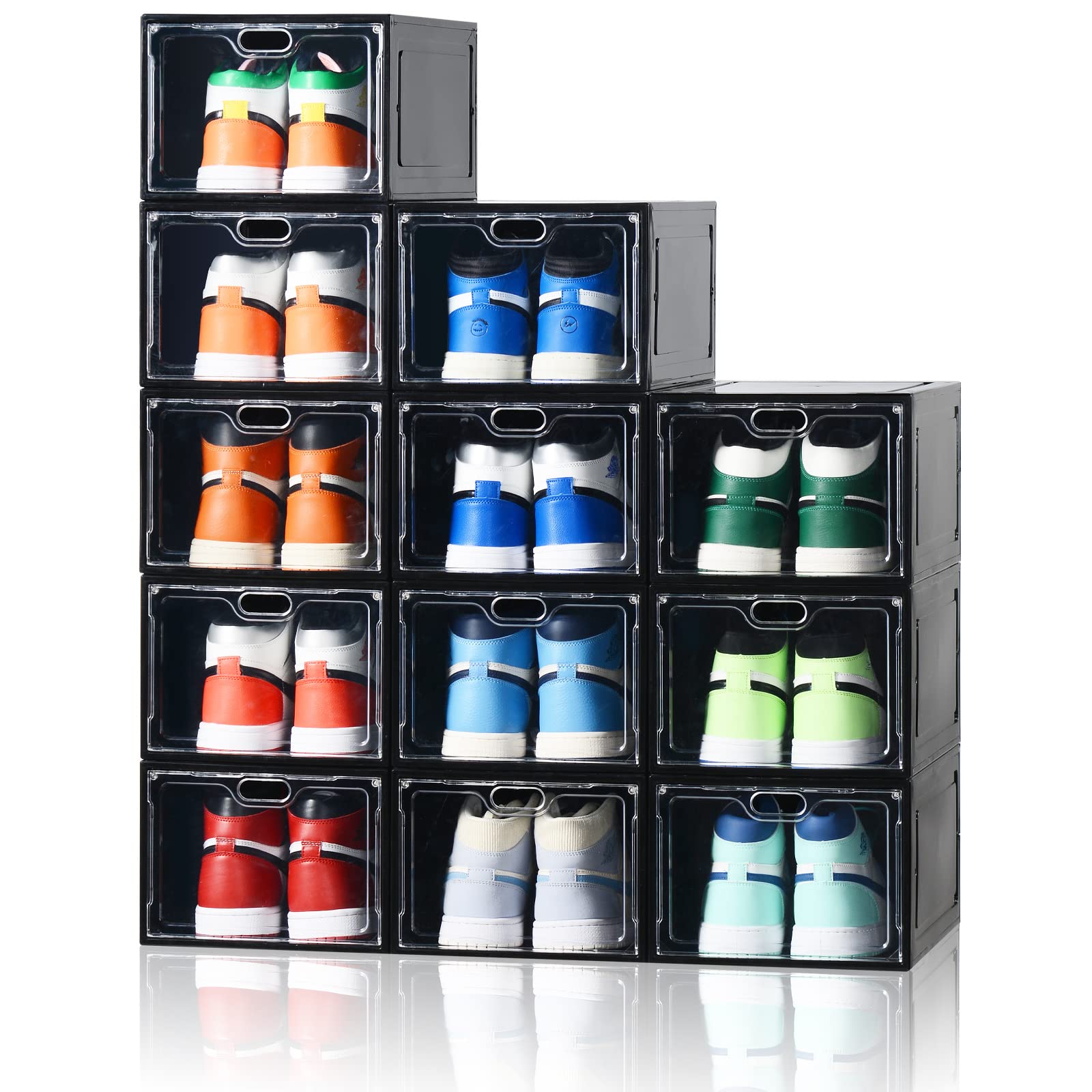 Aliscatre 12 Pack Clear Plastic Stackable Shoe Storage Boxes - Closet Organizer for Men & Women - Sneaker Display Containers Fits Up to US Size 12 (Perfect for Closet Organization, Shoe Collection Display, and Home Storage Solutions)