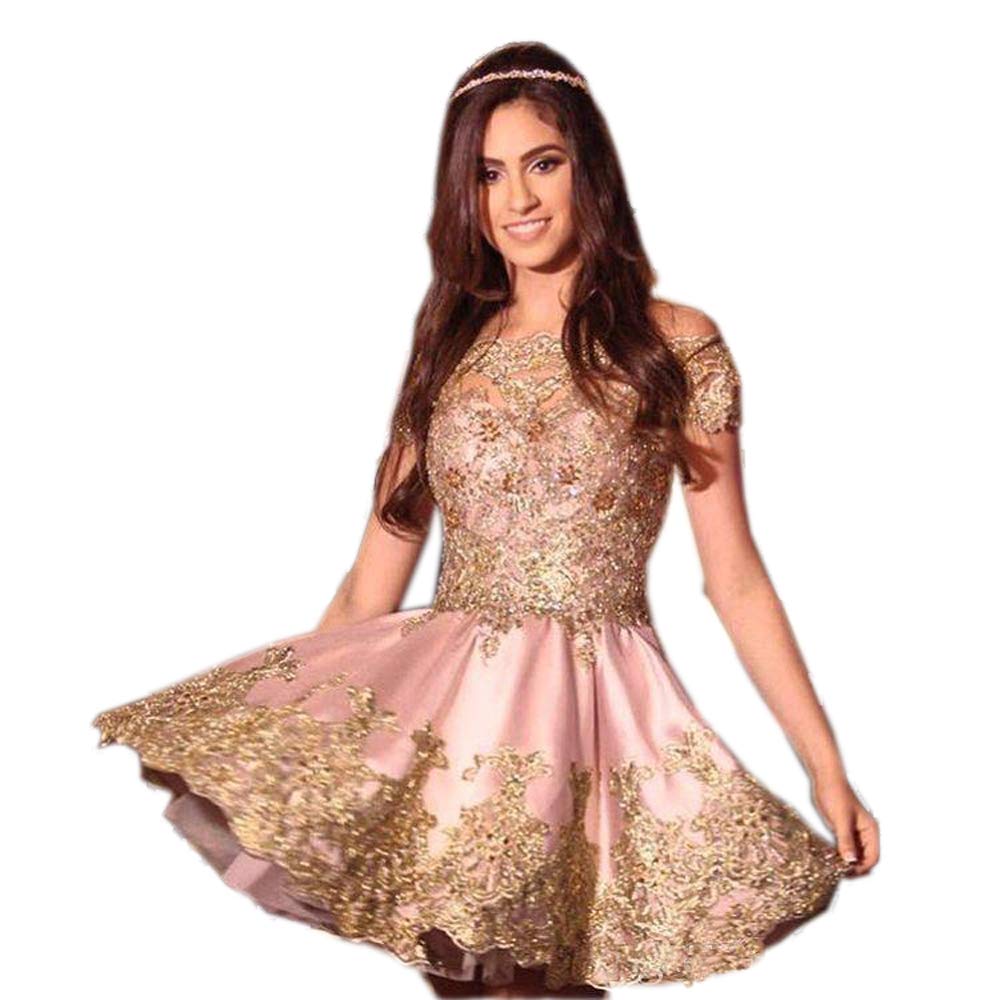 Happy Lemon Off The Shoulder Short Homecoming Dress with Gold Lace - Pink Prom Gown for Plus Size Women (HL134) | Perfect for Homecoming, Prom, Cocktail Parties & Special Occasions