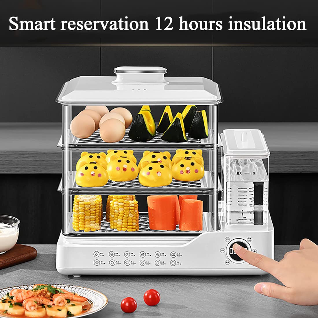 3 Tier Electric Steamer with Touch Screen Display - 800W 24L Capacity Food Steamer with 1.5L Removable Water Tank & 12-Hour Timer - 3 Removable Layers for Healthy Cooking - Perfect for Kitchens, Restaurants, and Meal Prep