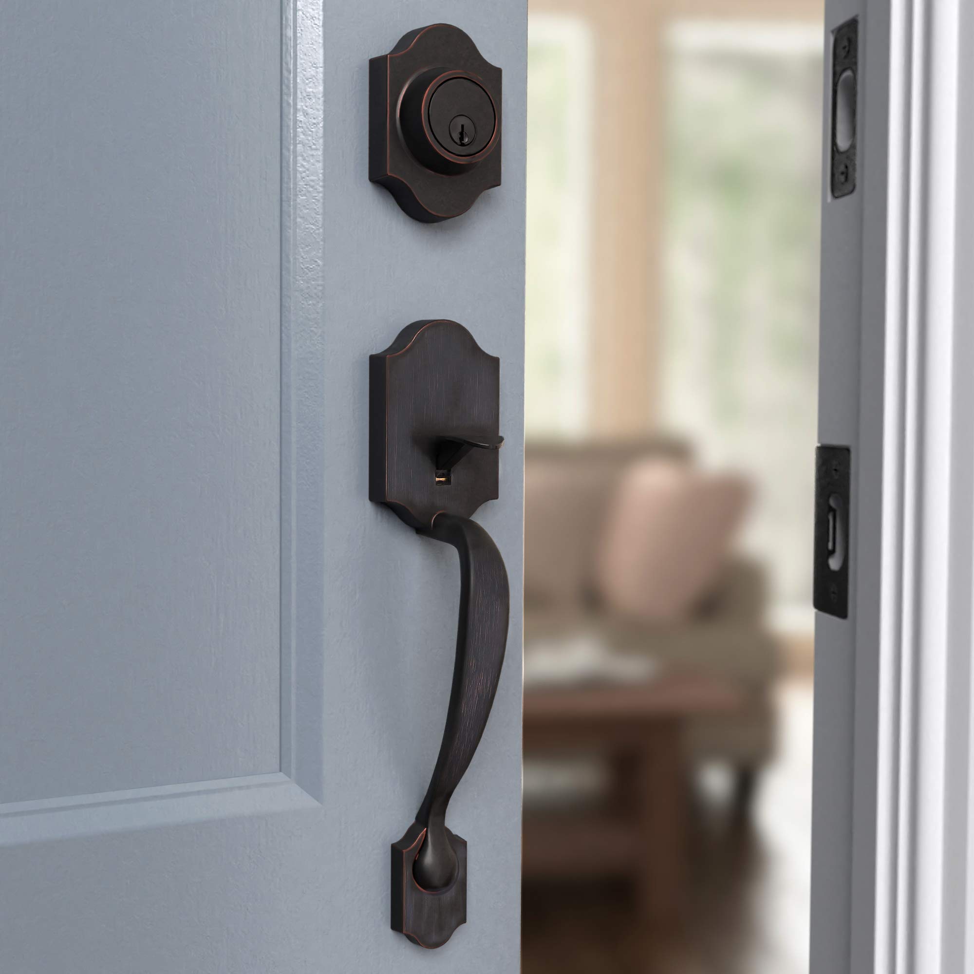 Amazon Basics Handleset with Shelby Lever - Single Cylinder Door Handles, Oil Bronze Finish, 6-Pack for Interior Doors - Perfect for Home, Office, and Apartment Renovations