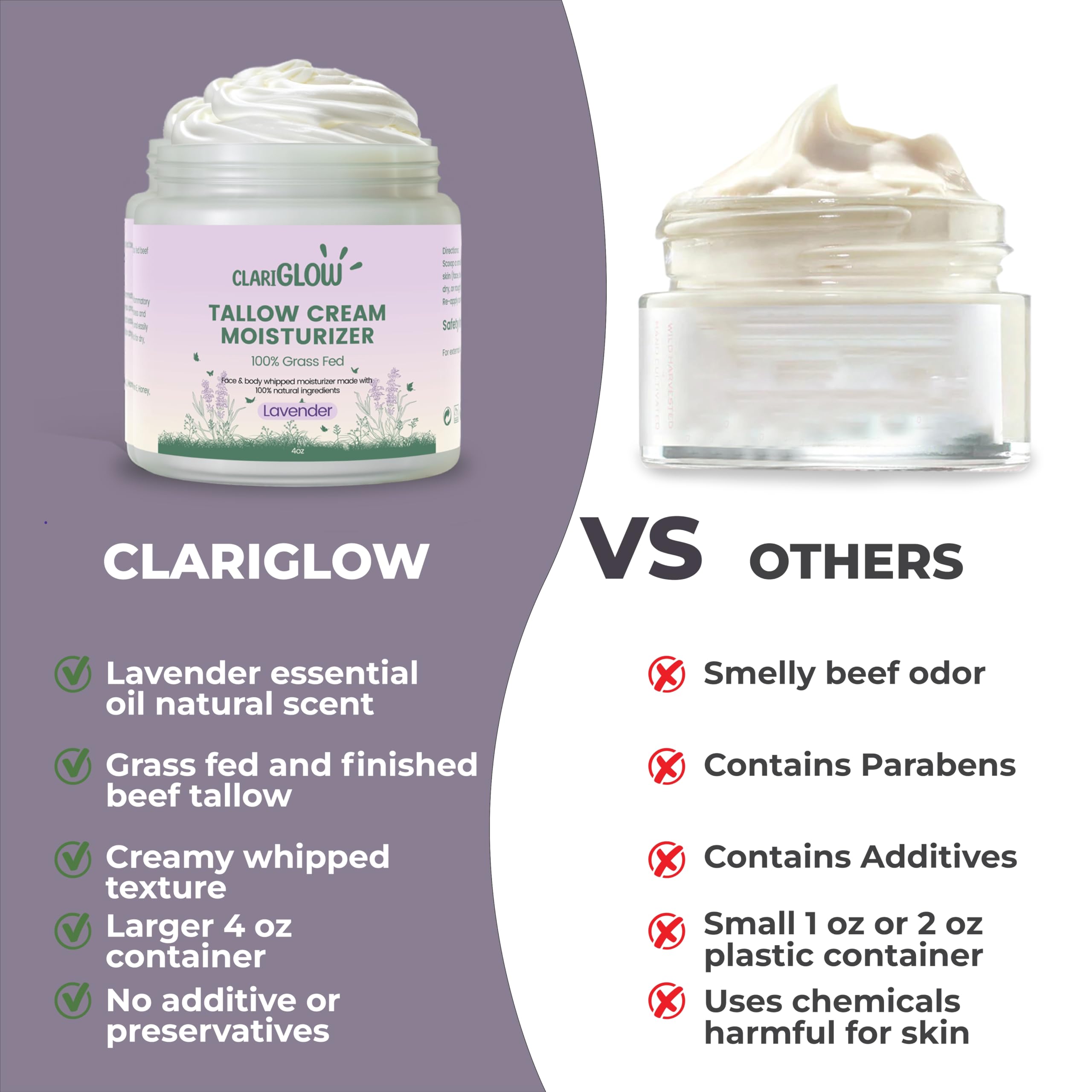 100% Grass-Fed Beef Tallow Face Moisturizer & Body Balm with Honey & Lavender - 4oz Natural Skin Care Cream for Dry Skin, Eczema & Anti-Aging | Perfect for Night Routine, Sensitive Skin & Organic Beauty Lovers