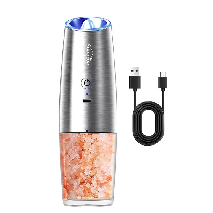 Sangcon Rechargeable Electric Salt and Pepper Grinder Mill - USB-C Powered, No Batteries Needed, Adjustable Coarseness, One-Hand Operation with LED Light - Perfect for Kitchen, Dining Table, Camping & Travel (1pc)
