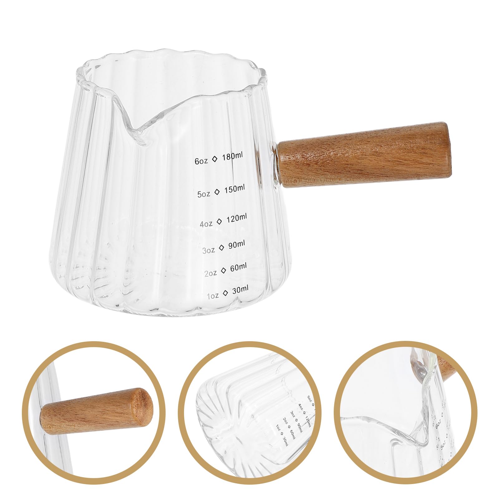 Kichvoe 180ML/6 OZ Espresso Shot Glass with Wood Handle - Glass Creamer for Coffee, Milk, Tea & Syrup - Frothing Pitcher & Baking Measuring Cup - Perfect for Latte Art, Barista Use & Home Coffee Brewing