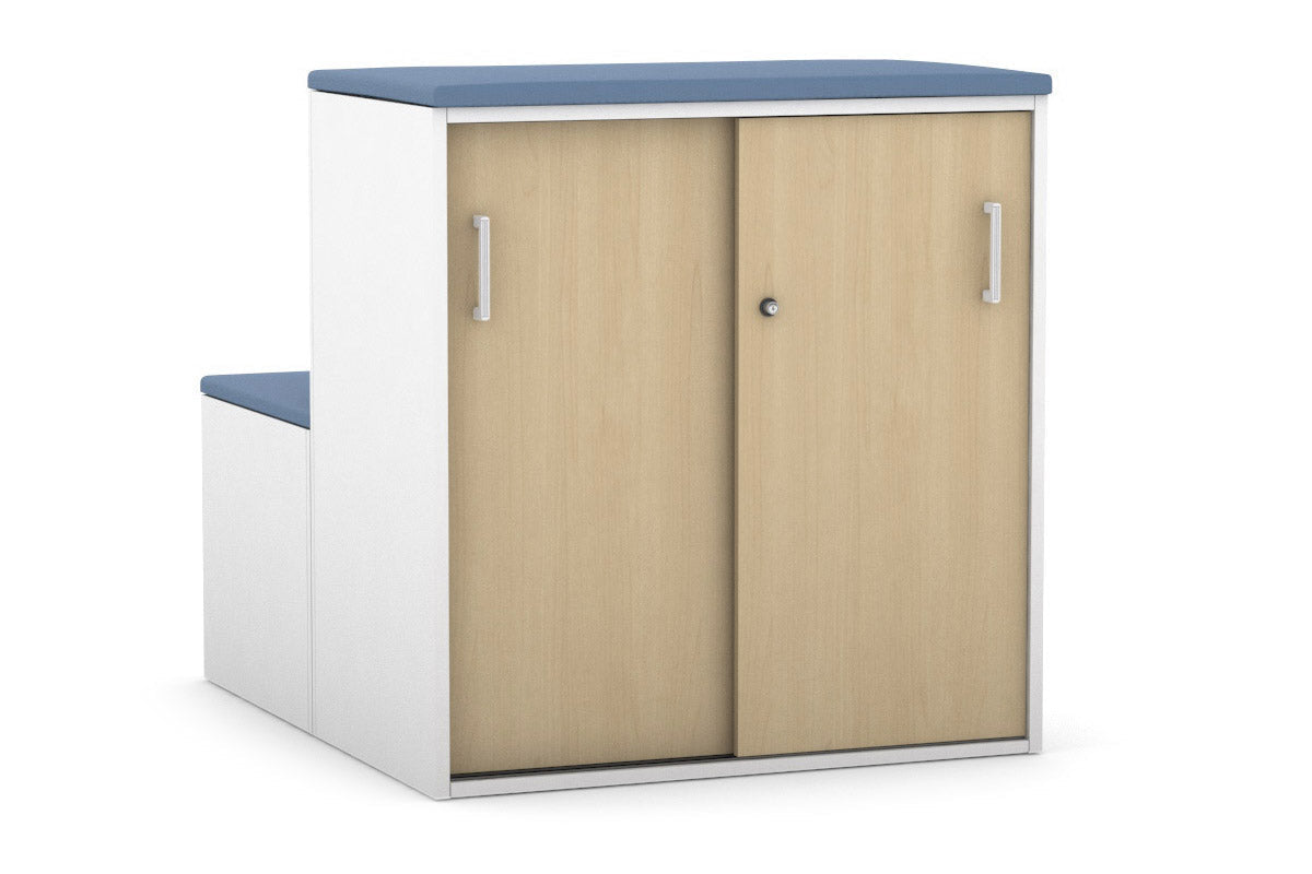 Med Sliding 2-Door Credenza with Seat Cushion - White Handle Uniform Activity Module Cabinet for Medical Offices & Home Storage