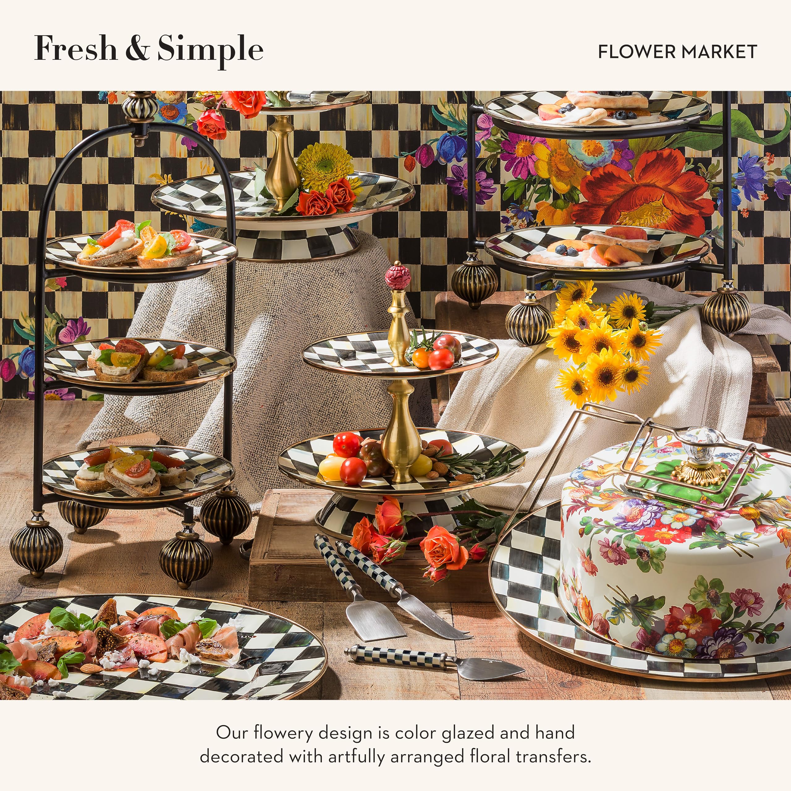 MACKENZIE-CHILDS White Flower Market Cake Carrier with Lid & Handles - Elegant Black-and-White Courtly Check Serving Platter for Parties, Picnics & Special Occasions
