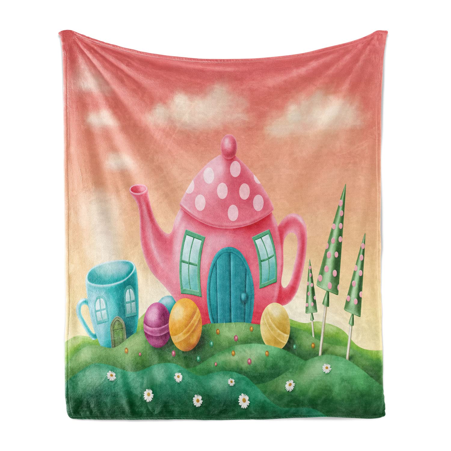Ambesonne Fantasy Throw Blanket - Soft Flannel Fleece Blanket with Whimsical Teapot & Coffee Cup Design, 50