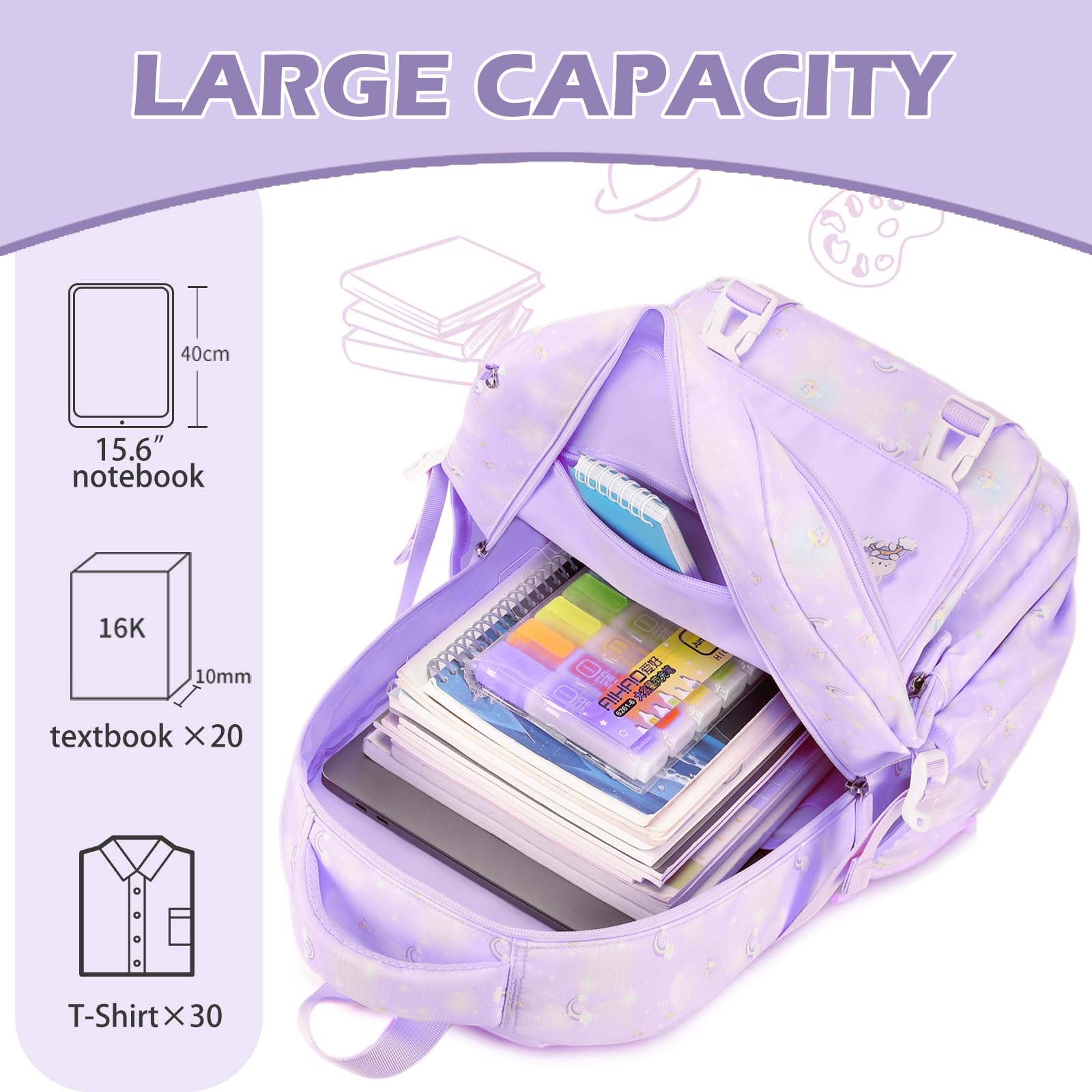 Stylish 15.6 Inch Waterproof School Backpack for Girls Ages 6-12 - Large Capacity Cute Purple Backpack for Kids - Perfect for School, Travel & Daily Use