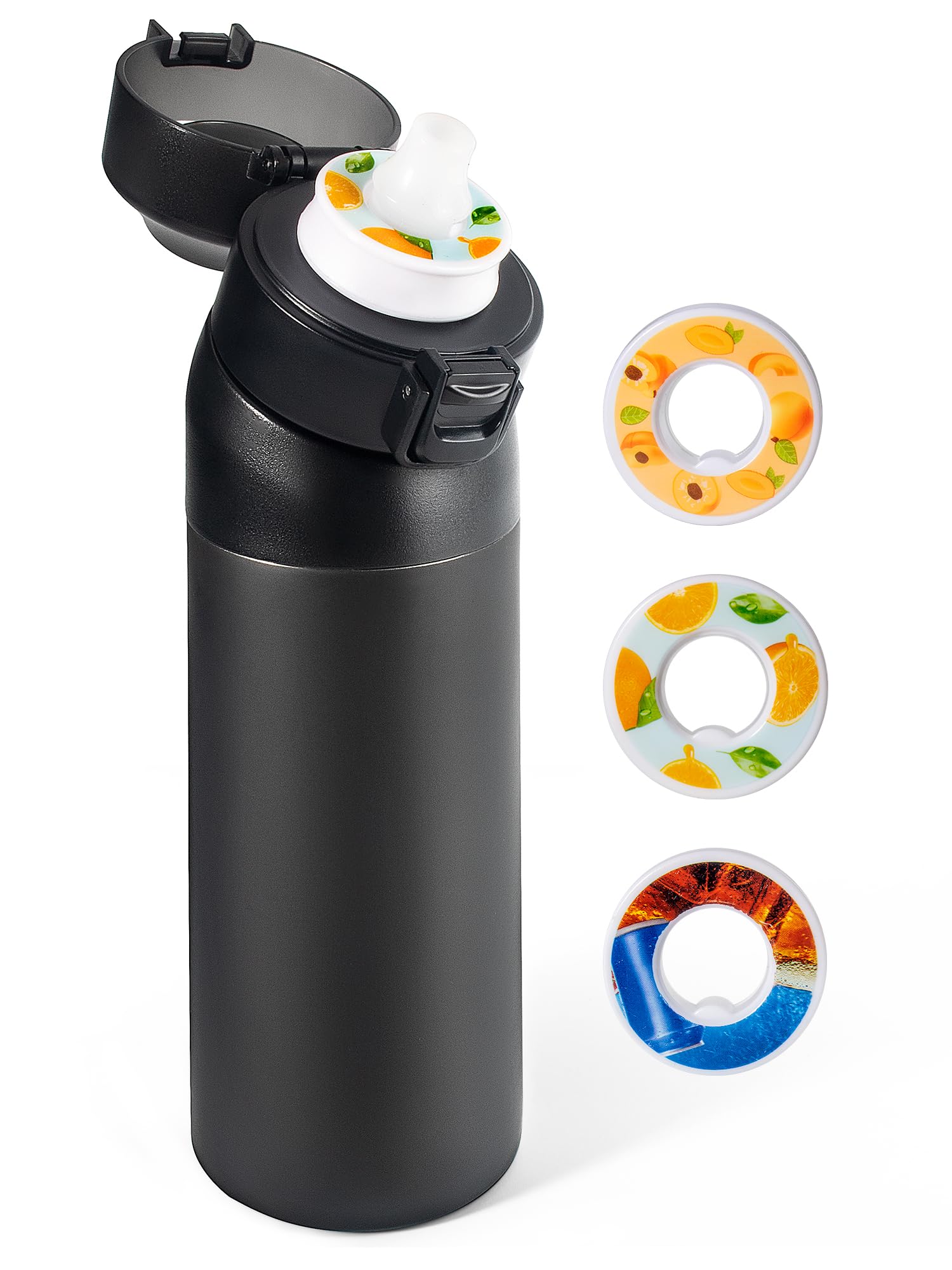 Stainless Steel Air Water Bottle 21oz - Leak Proof Sports Water Cup with Straw & Flavor Pods - Fruit Infuser Bottle for Gym, Hiking, Running, Cycling (Black + 3 Pods)