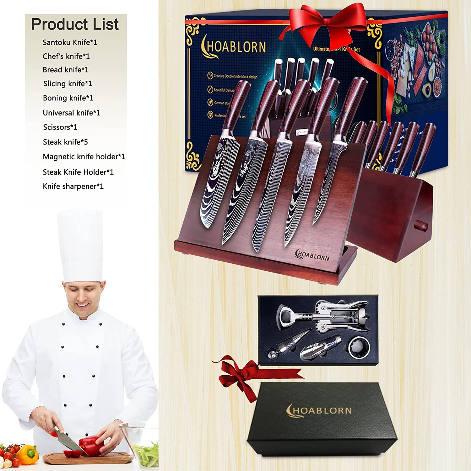 HOABLORN Luxury 19-Piece Magnetic Knife Block Set - Damascus German Stainless Steel Kitchen Knives with Acacia Wood Holder - Perfect for Professional Chefs & Home Cooking Enthusiasts - Ideal for Meal Prep, Slicing, Dicing & Gourmet Cooking