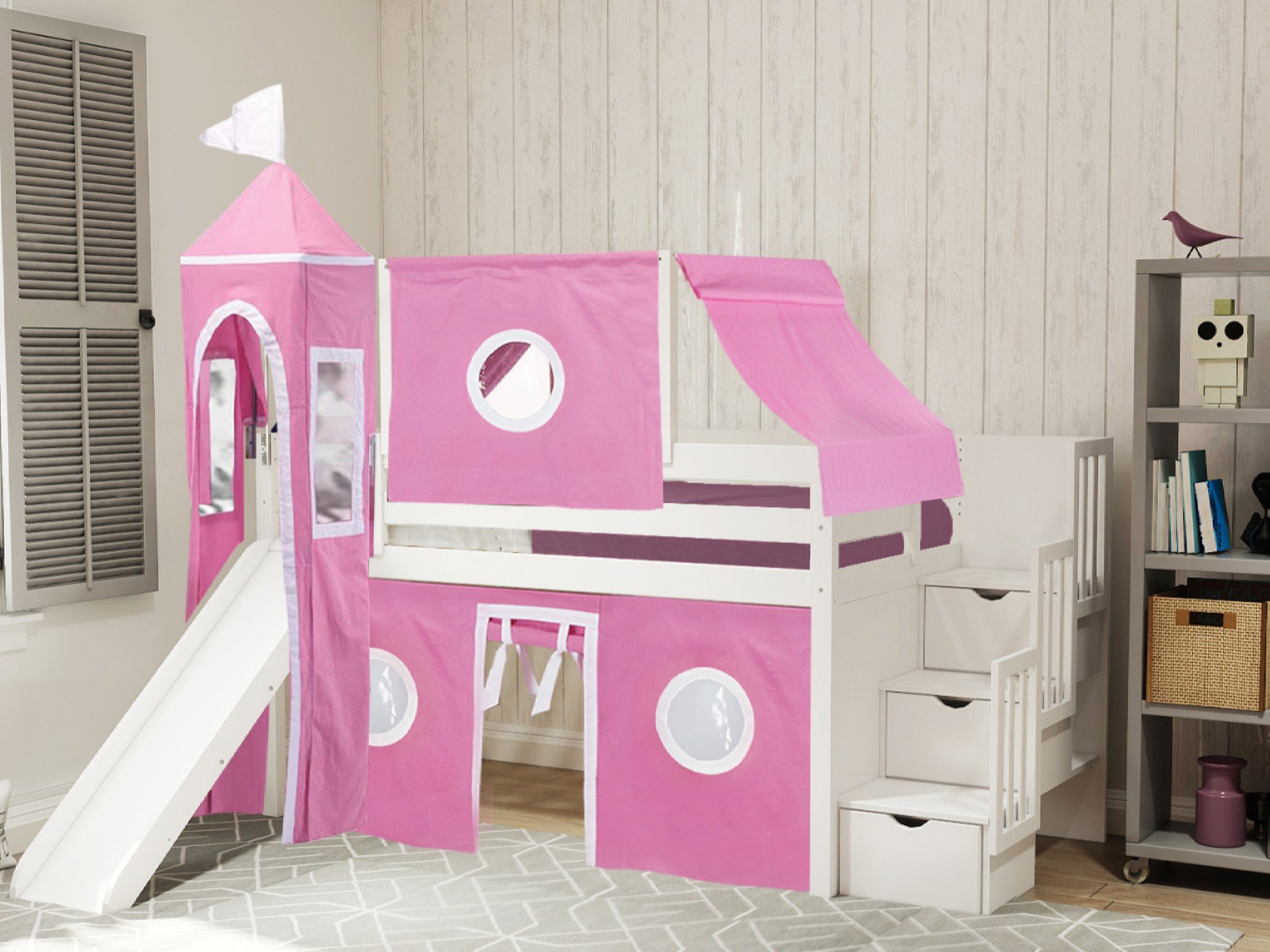 Princess Twin Loft Bed with Stairs & Slide - White & Pink Tent - Perfect for Kids' Bedroom, Playroom & Sleepovers