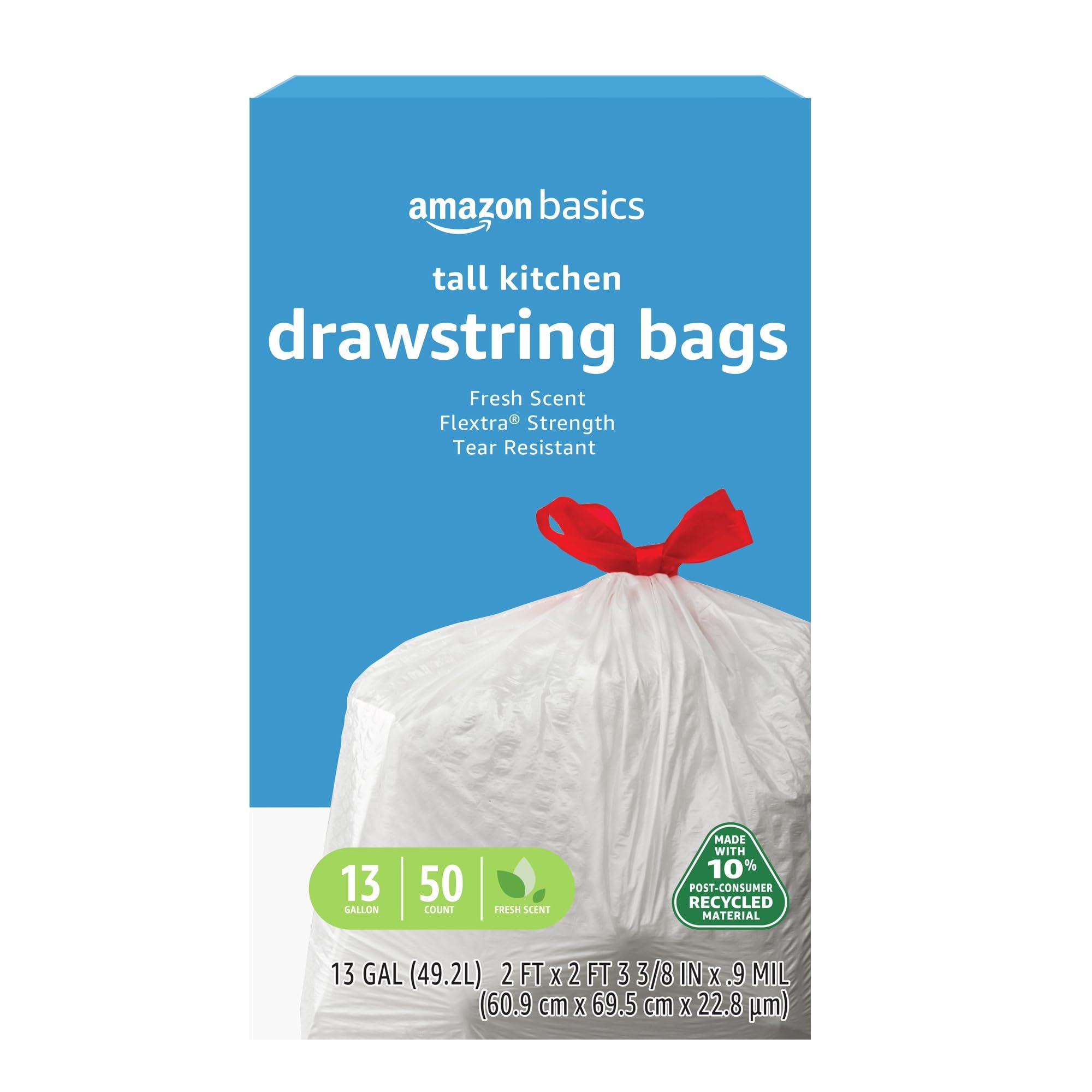 Amazon Basics Flextra Tall Kitchen Drawstring Trash Bags - 13 Gallon, 50 Count (Pack of 1) | 10% Recycled Content, Fresh Scent | Perfect for Kitchen, Office & Bathroom Waste Disposal