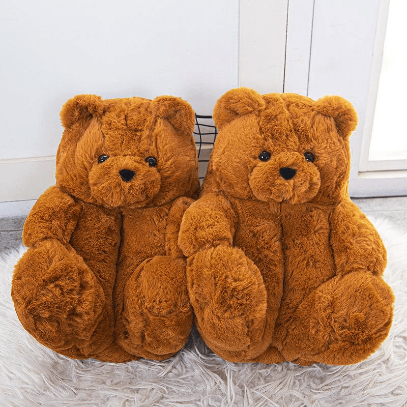 Cozy Caramel Brown Teddy Bear Plush Slippers for Women & Men - Soft Faux Fur House Shoes with Non-Slip Soles - Perfect for Home, Lounge & Winter Comfort