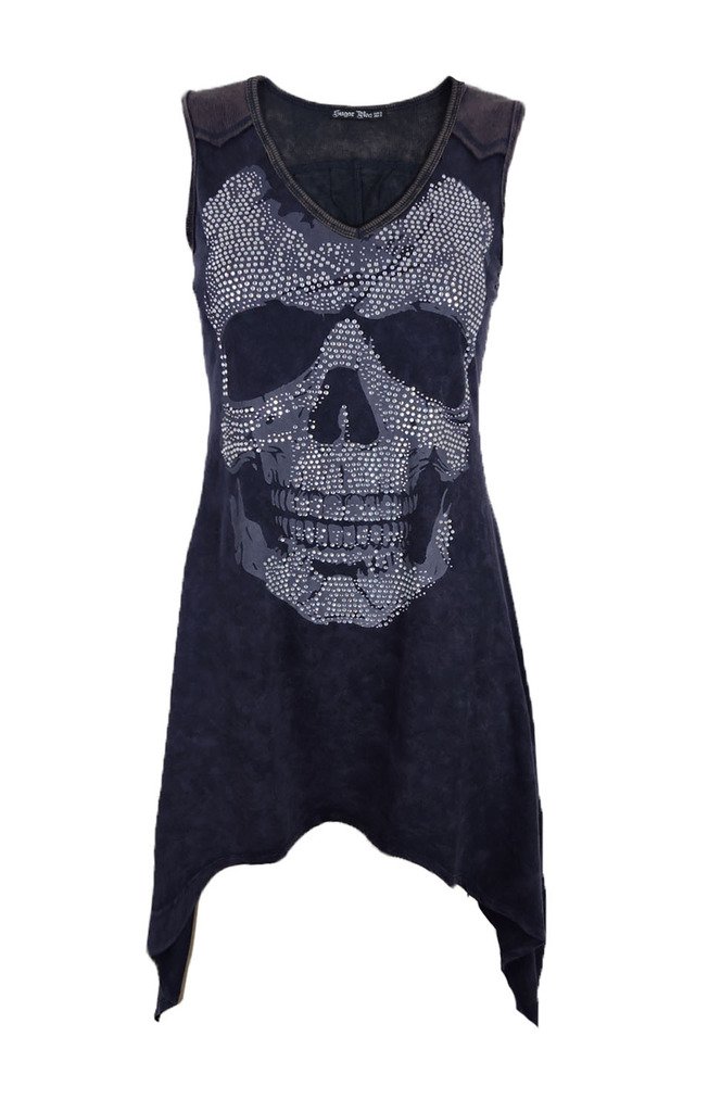 Trendy Sugar Rock Tunic Tank Top with Shark Bite Skull & Crystal Shoulder Trim | Mineral Wash Vintage Style | Perfect for Music Festivals, Beach Outings & Boho Fashion