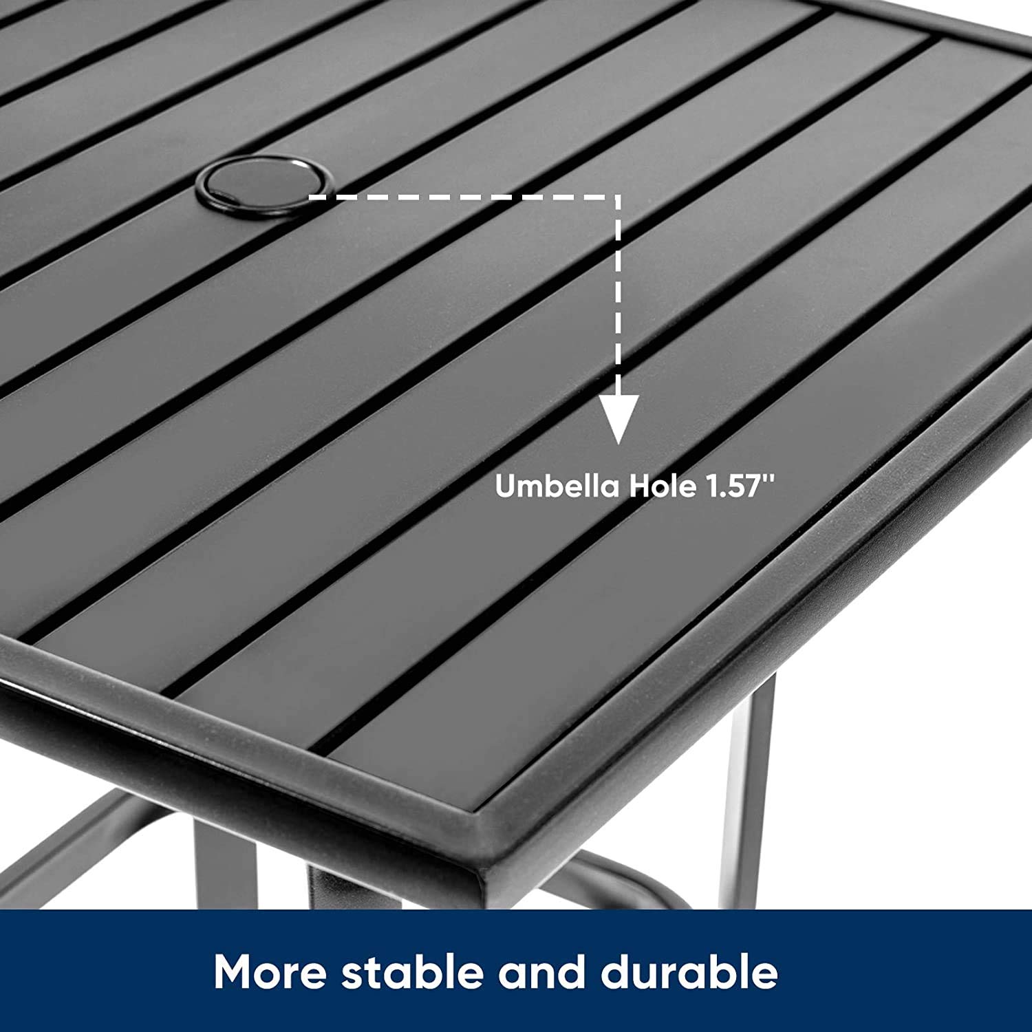 Black Metal Frame Patio Bar Table with Umbrella Hole - Outdoor Bistro Height Dining Table with Slat Design for Backyard, Deck & Poolside Entertaining