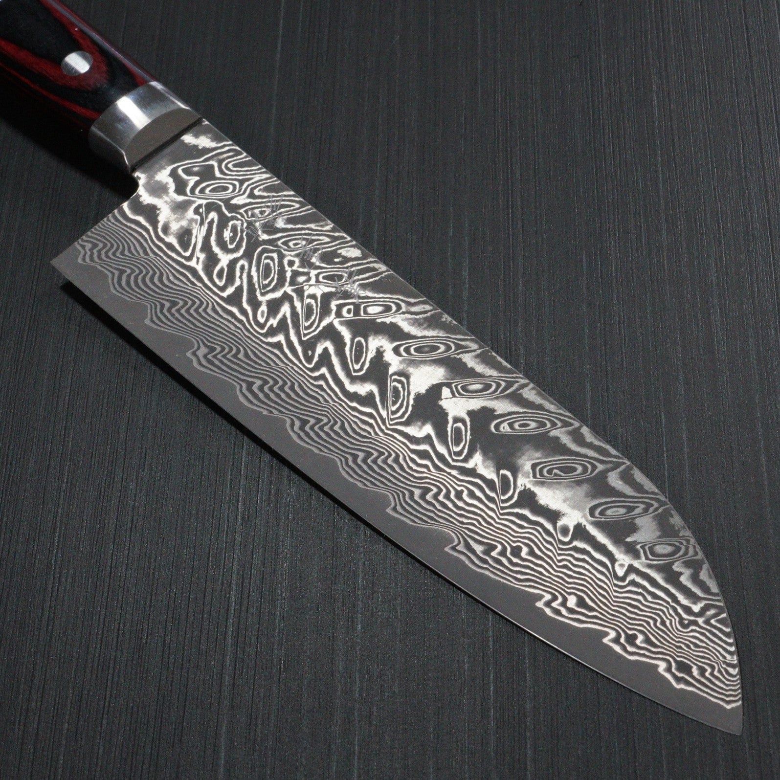 Premium Japanese Yoshimi Kato SG2 Super Gold 2 Damascus Santoku Knife - V-Shaped Black Blade with Red Handle - Perfect for Slicing, Dicing & Chopping Vegetables, Meat & Fish
