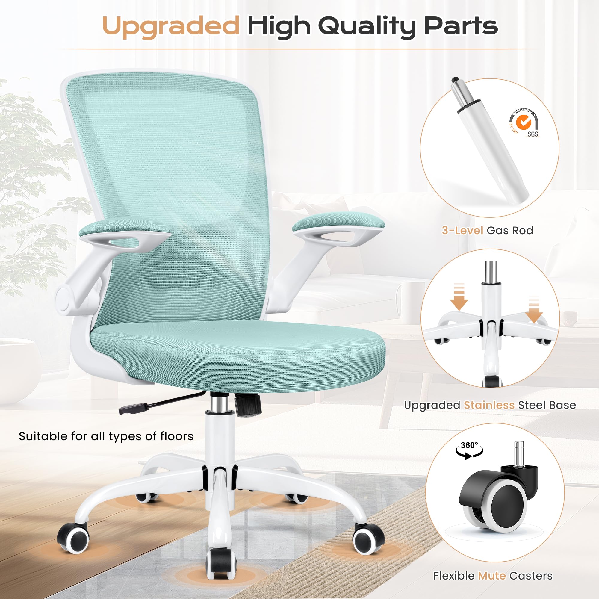 KERDOM Ergonomic Mesh Office Chair with Lumbar Support - Adjustable Height Swivel Chair with Flip-Up Arms for Home Office & Gaming - Light Blue | Perfect for Long Work Hours & PC Gaming Sessions
