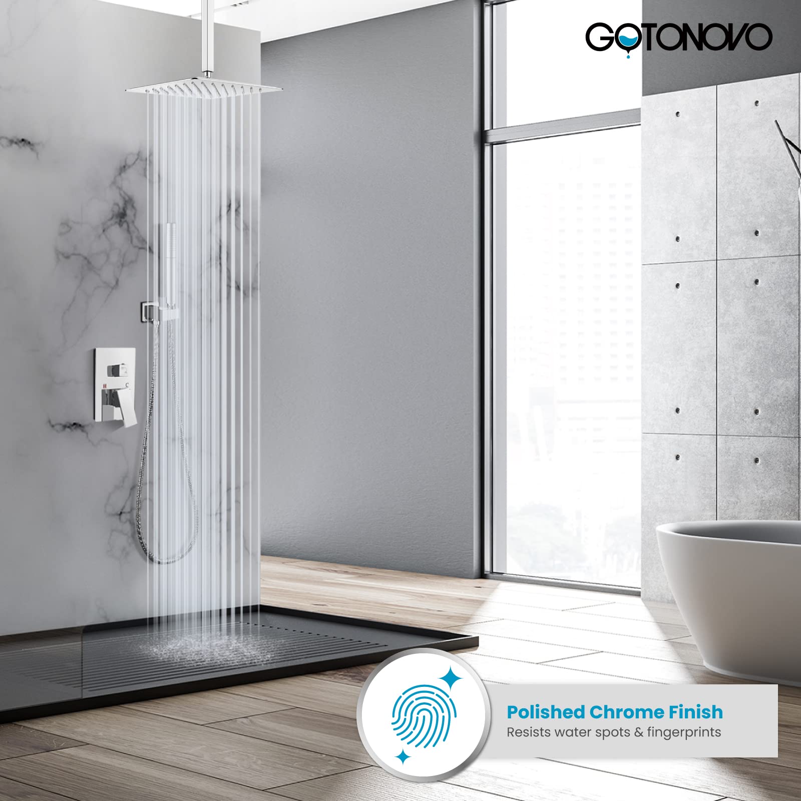Gotonovo 12 Inch Chrome Polished Ceiling Mount Shower Faucet Set - Square Rainfall Showerhead & 2-in-1 Cylindrical Handheld Shower with Rough-in Valve | Luxury Bathroom Shower System for Modern Homes & Spa-Like Experience