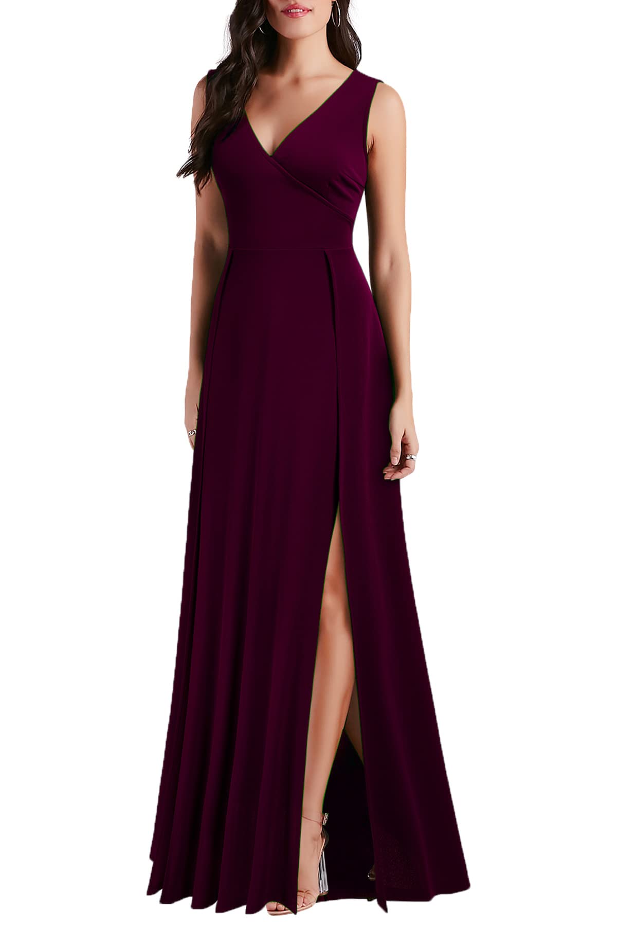 MUSHARE Women's V-Neck Sleeveless Formal Dress with High Slit - Elegant Cocktail Party & Prom Gown for Evening Events, Weddings, and Special Occasions