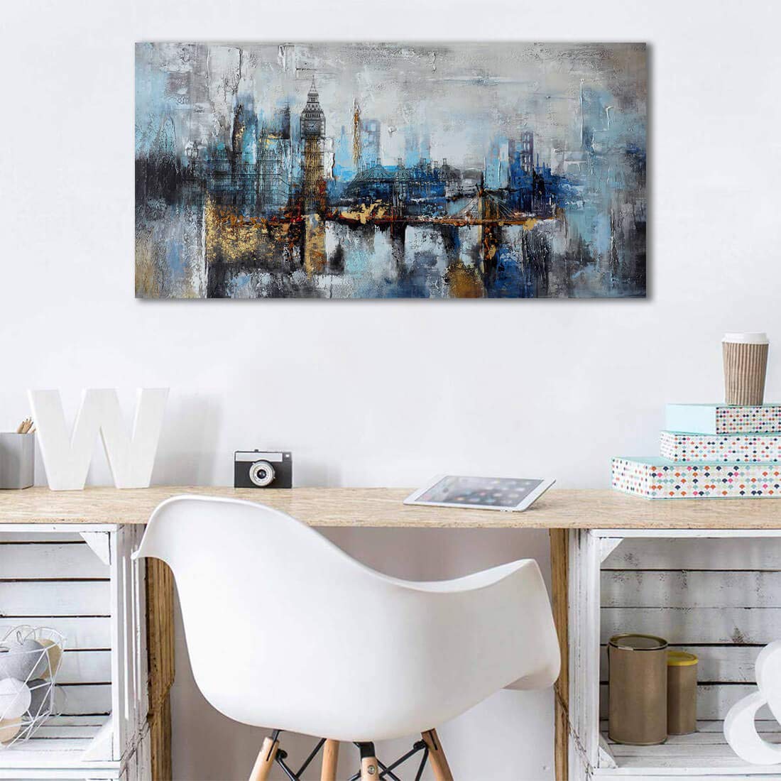 Abstract City View Canvas Wall Art - Modern Gray Blue Buildings Print for Bedroom, Living Room & Office Decor - Large 24x48 Inches - Perfect for Contemporary Home & Workspace Aesthetics