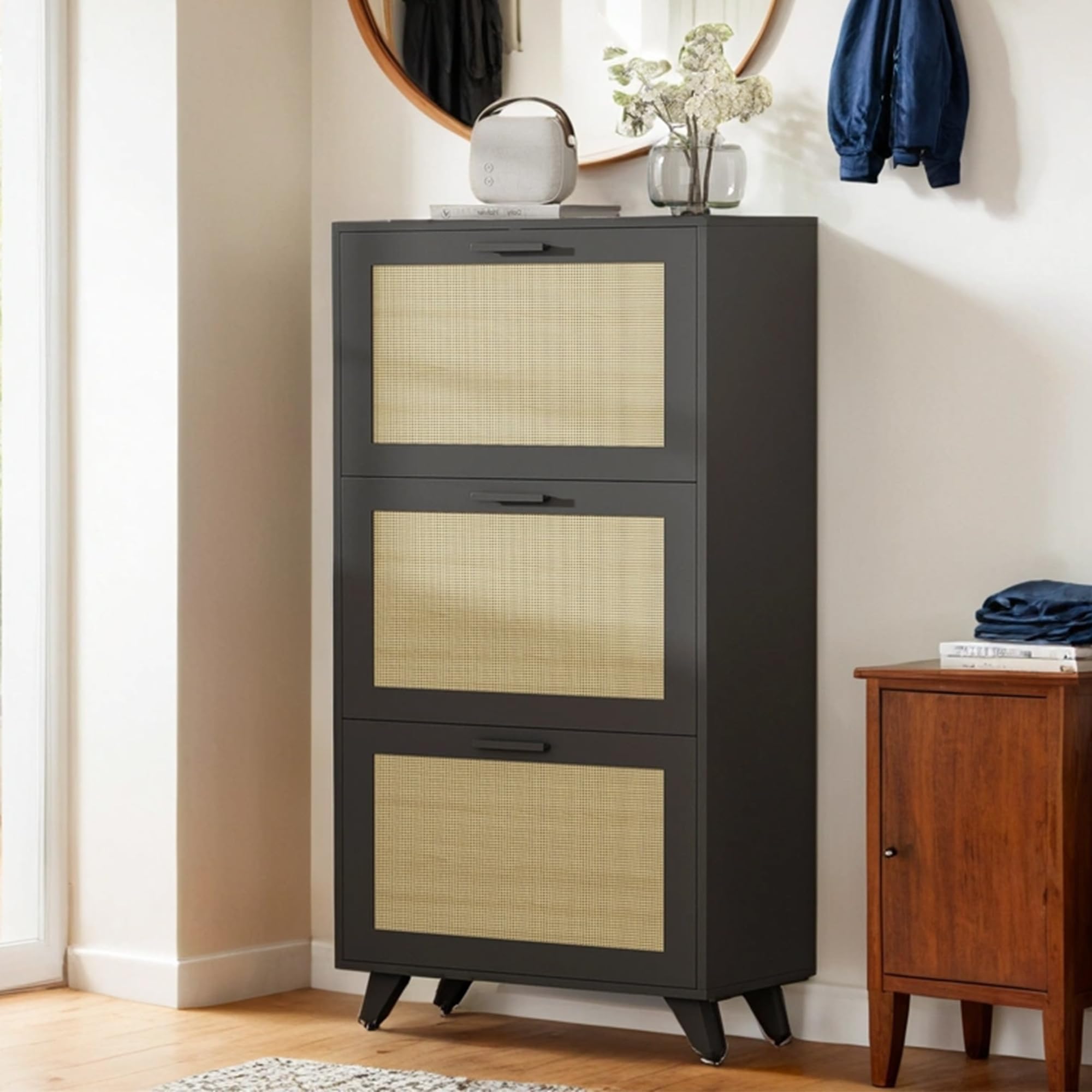 **Anystyle Rattan Black 3-Tier Flip Drawer Shoe Cabinet - Boho Narrow Shoe Storage Organizer for Entryway, Closet & Hallway - Wooden Shoe Rack for Small Spaces, Home & Apartment Decor**
