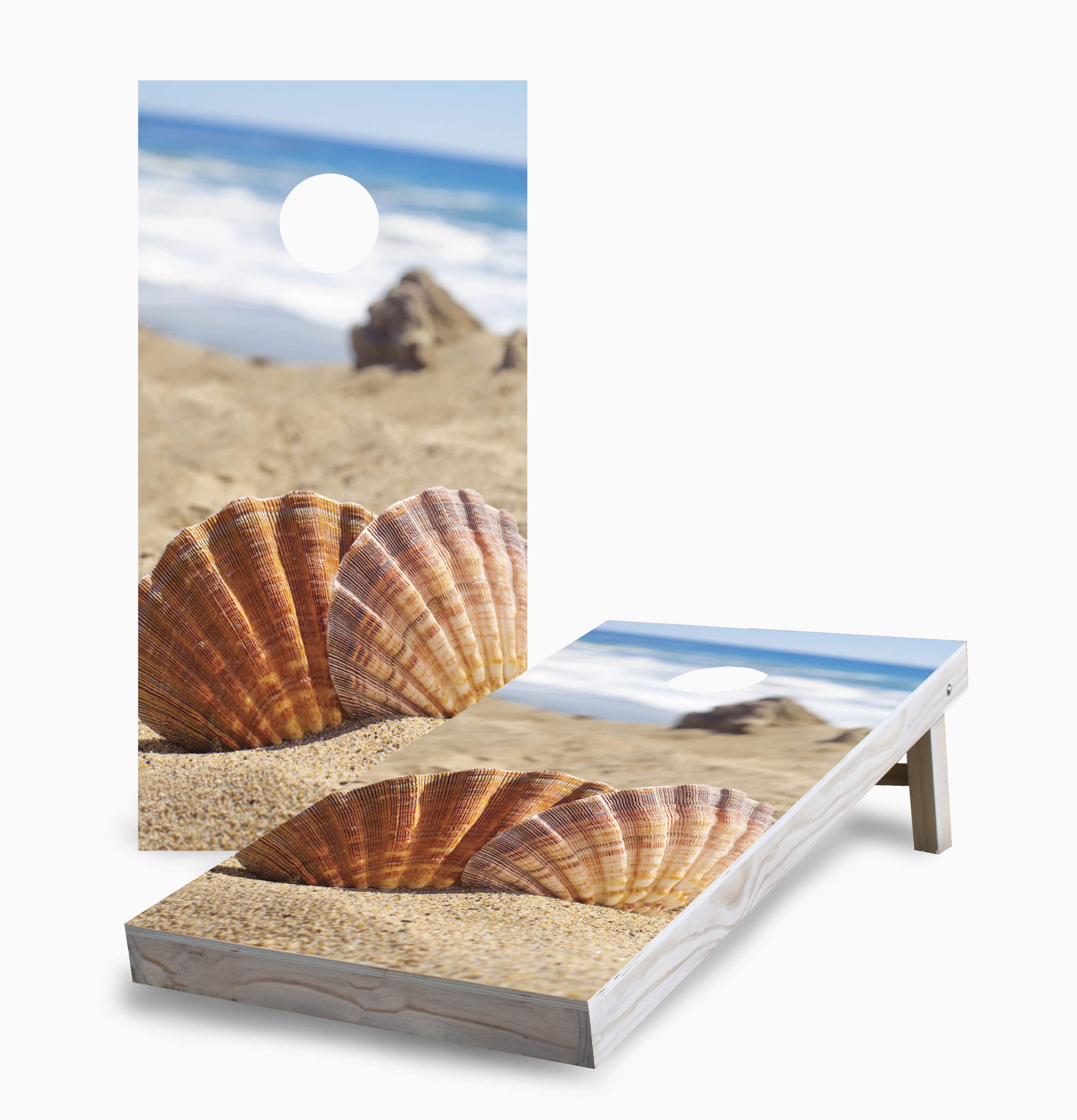 Skip's Garage Premium Beach Shells Corn Hole Board Set - 2 Boards, 8 Bags & Accessories - Perfect for Backyard BBQs, Tailgating & Beach Parties