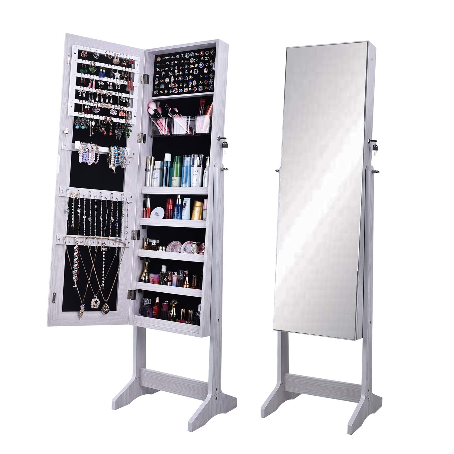 DLANDHOME Jewelry Storage Cabinet with Full-Length Mirror - Free Standing Jewelry Armoire Organizer with Lock, Makeup Vanity & Floor Mirror - Perfect for Bedroom, Dressing Room & Closet Organization (Model DUS-QH-6150)