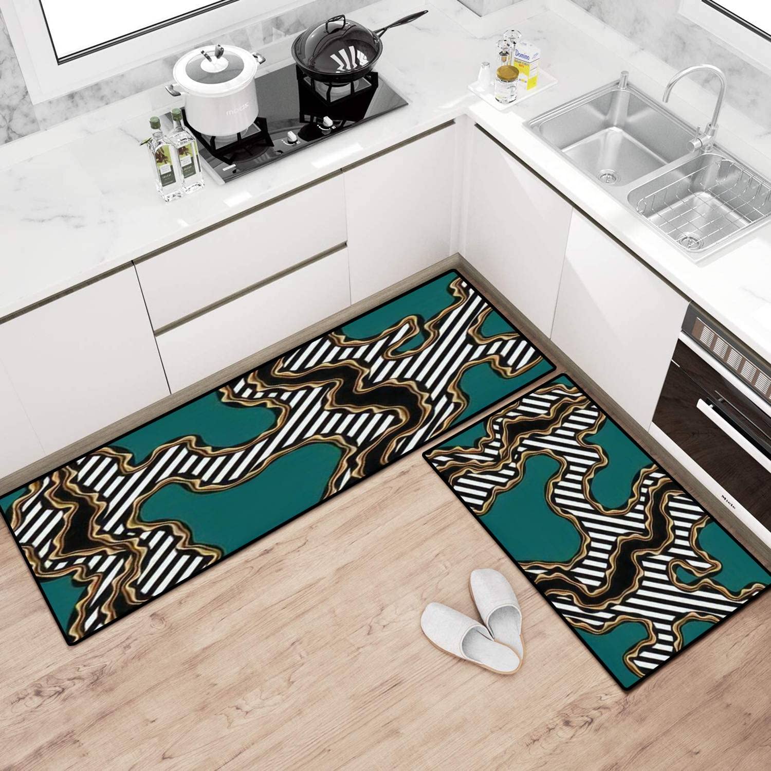 Non-Slip Washable Kitchen Rugs Set - Abstract Wavy Green EPS10 Floor Mat with Diagonal Stripes, Anti-Fatigue Standing Mat for Kitchen Runner, Doormat & Bathroom Decor | Perfect for Home, Office & High-Traffic Areas