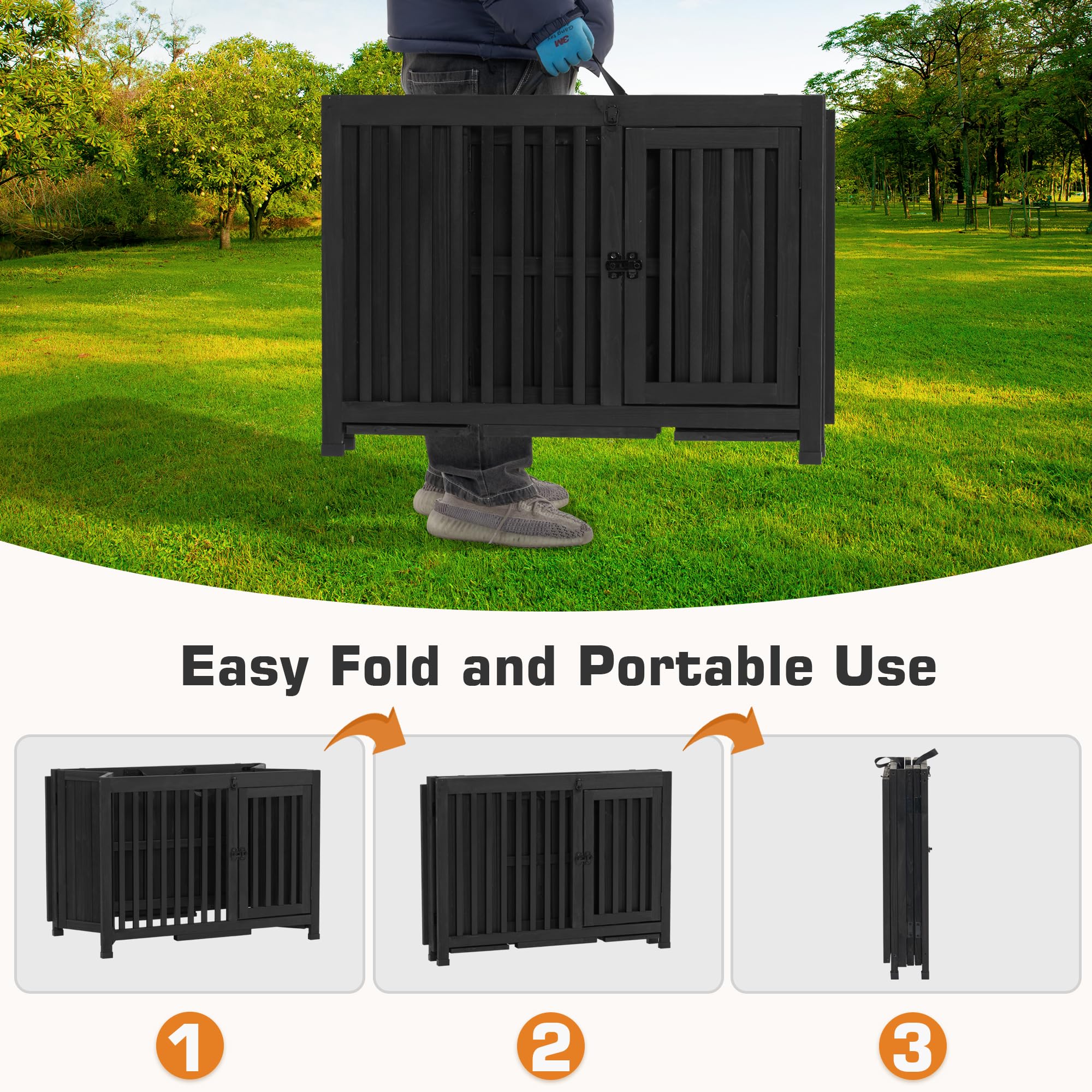 MCombo Solid Wood Dog Crate Furniture - Portable Foldable Indoor Dog Kennel End Table with Removable Tray | Medium Size, Black | Perfect for Living Room, Bedroom & Home Decor