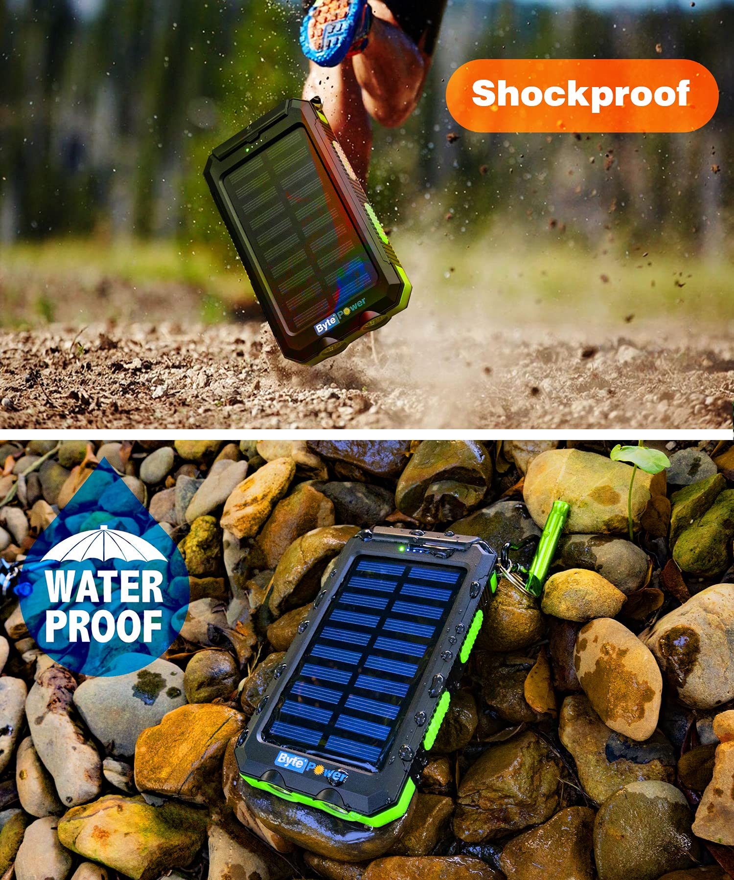 20000mAh Solar Power Bank with Built-in Flashlight - Portable Solar Phone Charger with Compass, Carabiner & Whistle - Waterproof Outdoor Solar Panel Charger for Camping, Hiking, Emergency & Travel (Green)