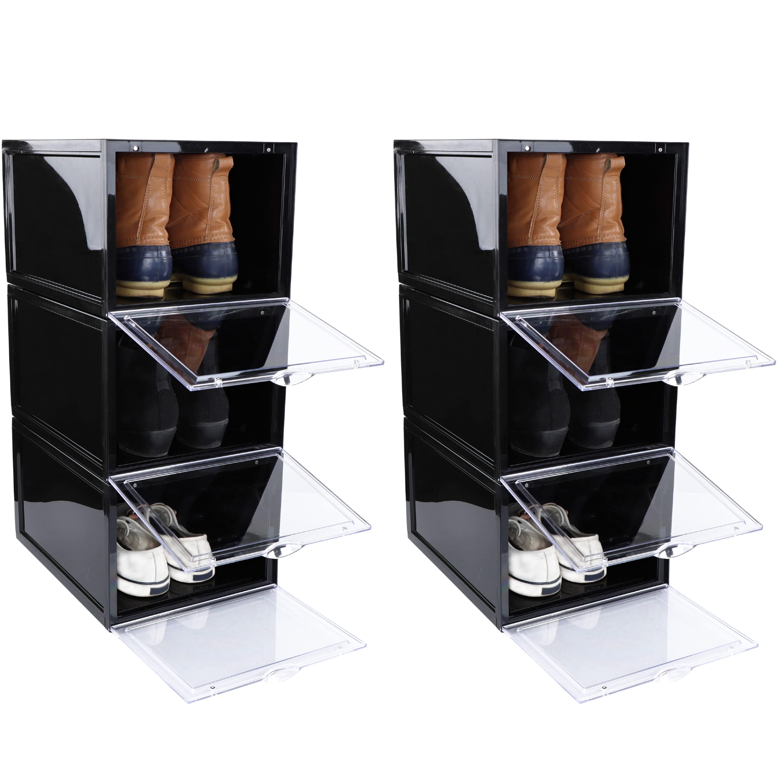 7Penn Plastic Shoe Boxes with Lids - 6 Pack Black Stackable Shoe Storage Containers | Clear Display Organizer for Closet, Bedroom & Entryway Organization