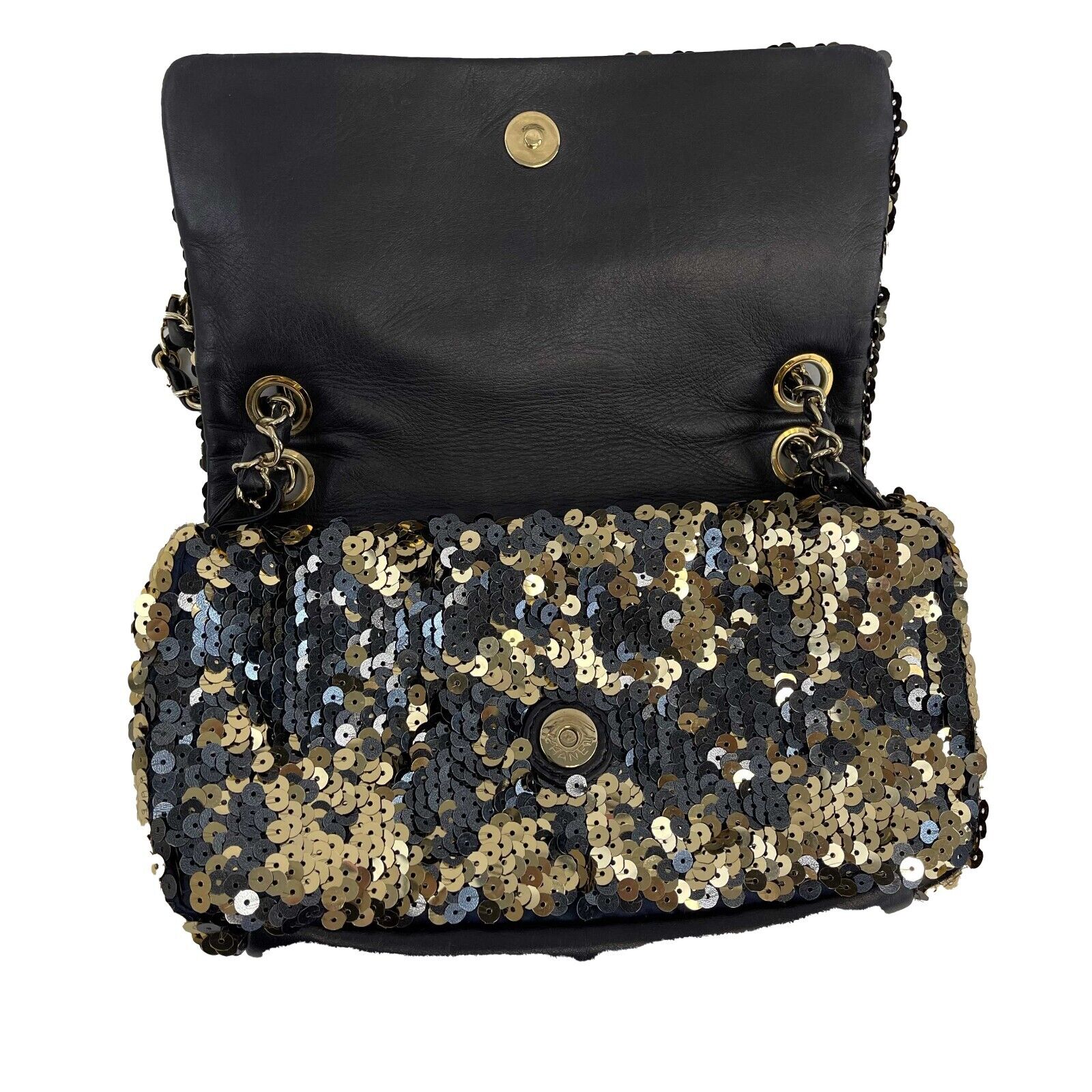 CHANEL Summer Night Medium Flap Classic Satin Sequin Black Gold Shoulder Bag for Women | Luxury Evening Clutch for Parties, Weddings & Special Occasions