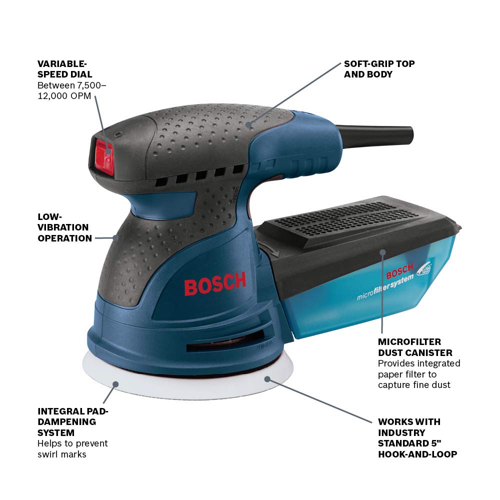 BOSCH ROS20VSK 2.5 Amp 5-Inch Corded Variable Speed Random Orbital Sander & Polisher Kit with Dust Collector & Hard Case - Perfect for Woodworking, Furniture Refinishing, and DIY Home Projects
