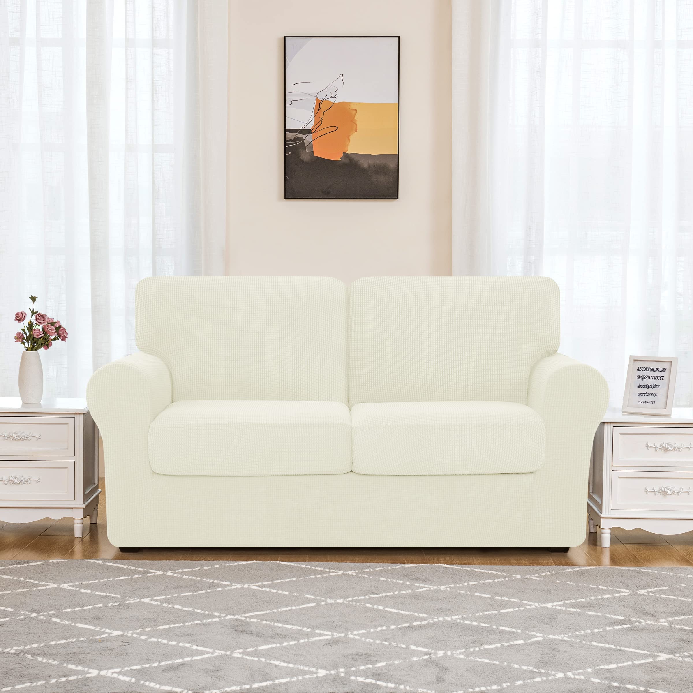 SUBRTEX 5-Piece Loveseat Cover & 7-Piece Sofa Cover Set - Stretchable Couch Slipcover with Separate Backrest & Cushion Covers - Fits Medium & Large Couches (Ivory) - Perfect for Living Room, Home Theater & Family Gatherings