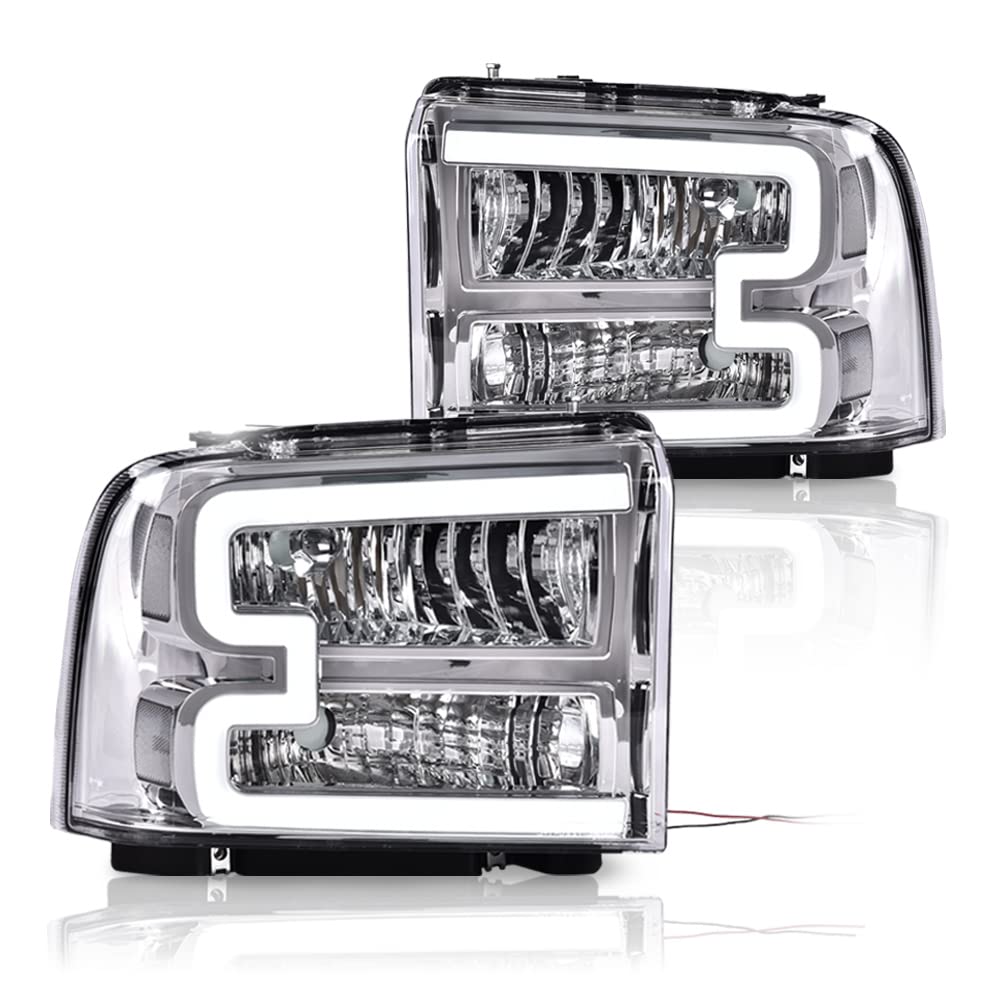 LED Headlight Assembly with DRL Bar for 2005-2007 Ford F250 F350 F450 F550 Super Duty - Clear Lens, Chrome Housing, Clear Reflector - Upgrade Truck Lighting for Night Driving & Off-Road Adventures