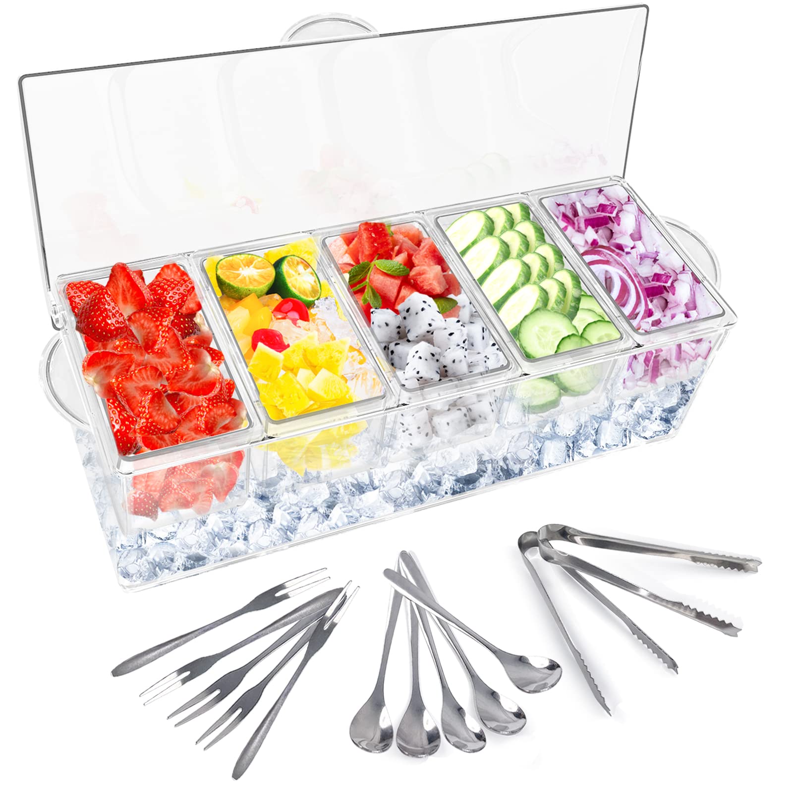 5-Compartment Condiment Server with Lid - Clear Ice Chilled Serving Tray for Parties, BBQs & Entertaining - Includes 5 Spoons, 5 Fruit Forks & 2 Tongs - Perfect for Dips, Sauces & Chilled Desserts