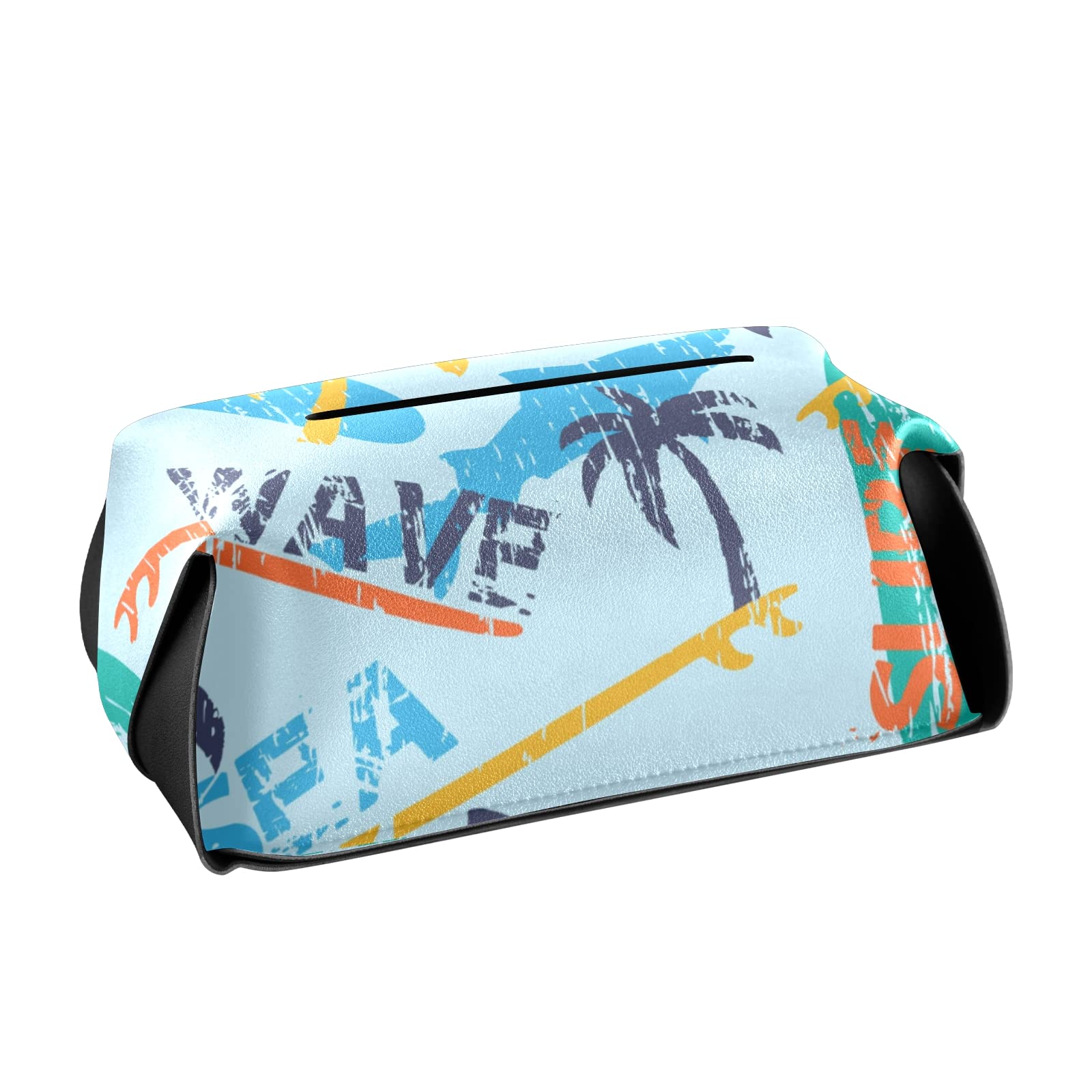 Premium Leather Tissue Box Cover with Handle - Seamless Bright Surfboards, Shark & Palm Trees Design - 5.7x5.7x5.7 Inches - Perfect for Bathroom, Home Nightstand, Vanity Countertop, Office Desk & Car Decor