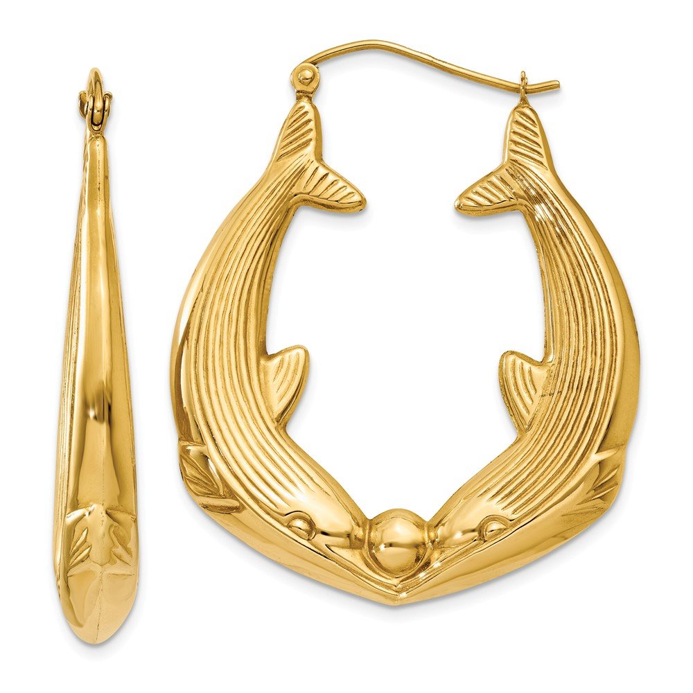 14K Yellow Gold Polished Dolphin Hoop Earrings for Women - 21mm x 6mm Dainty Marine Jewelry - Perfect for Beach Vacations, Summer Outfits & Gift Giving