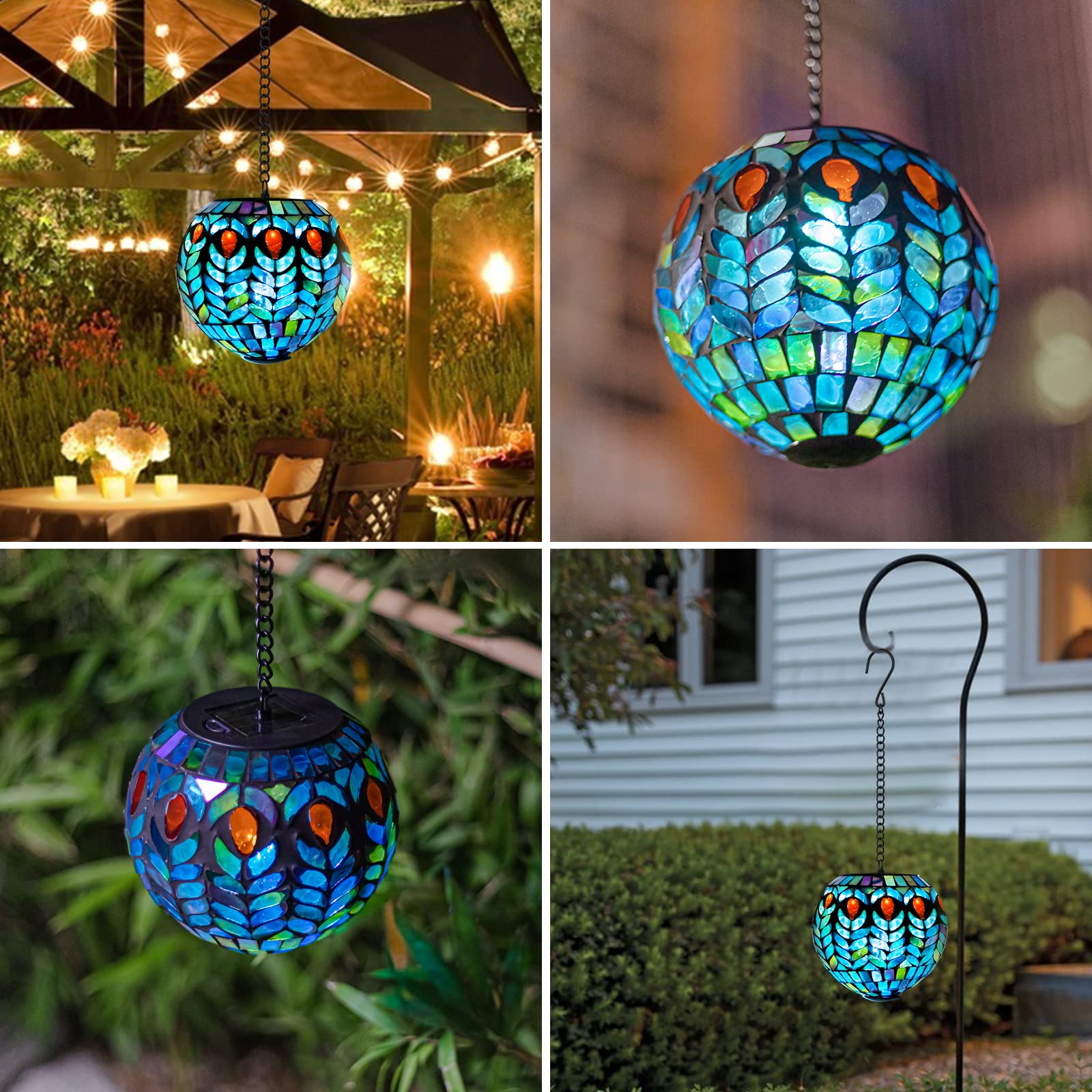 VCUTEKA Solar Hanging Lanterns - Waterproof Outdoor Mosaic Solar Lights with Hook for Garden, Yard, Patio, Fence & Tree Decor | Perfect for Backyard Parties, Wedding Decorations & Landscape Lighting