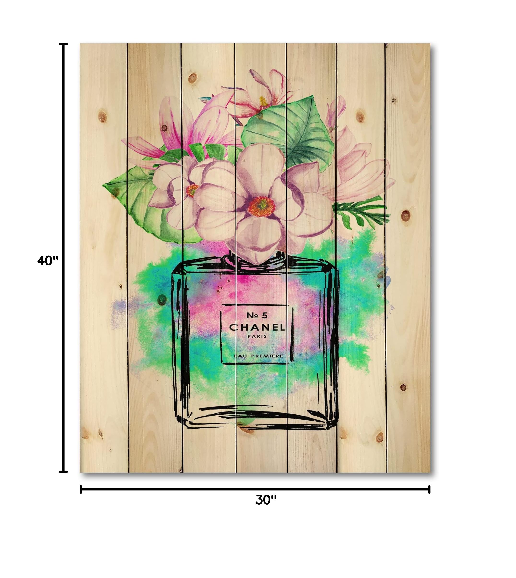 DesignQ Chanel No.5 Inspired Perfume Wood Wall Art - Modern Pink Floral Decor, Large Pine Wood Wall Panel for Living Room, Bedroom & Office