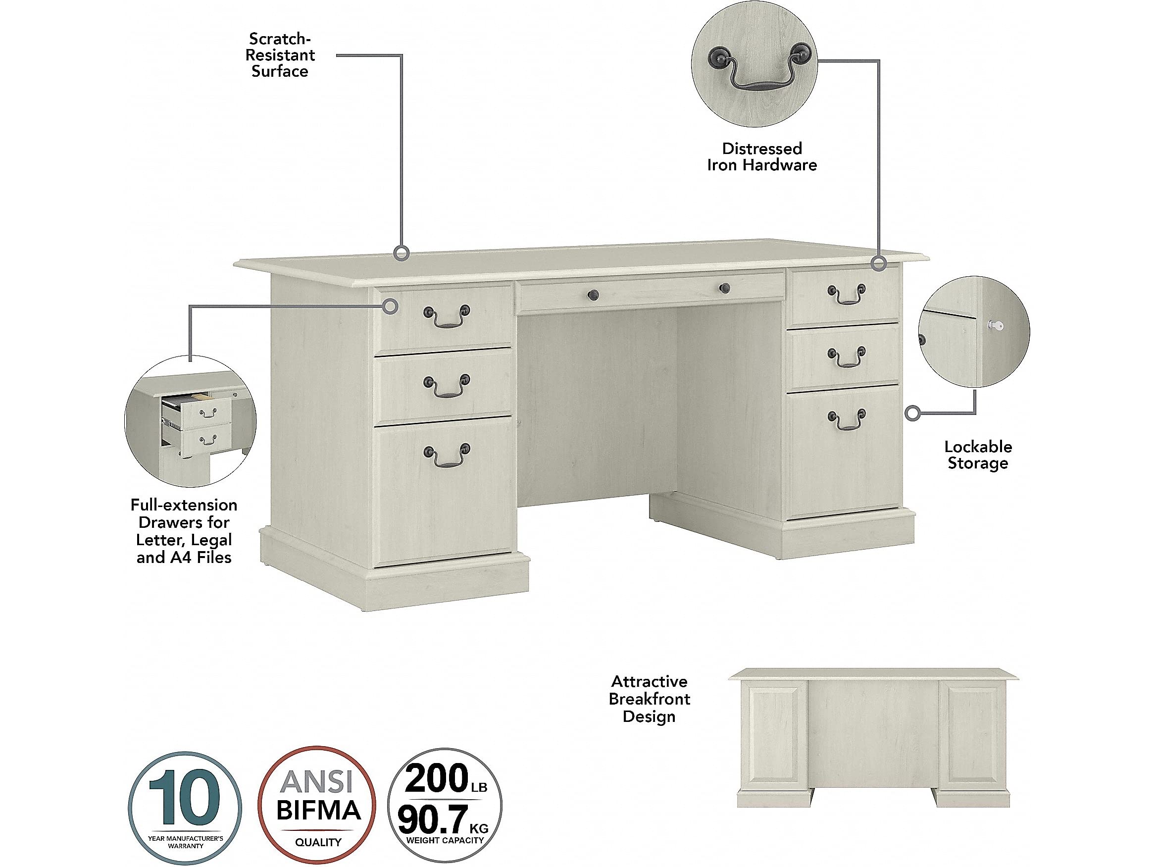 Bush Furniture Saratoga Executive Desk and Bookcase Set - Linen White Oak Finish - Home Office Furniture for Professionals & Remote Workers