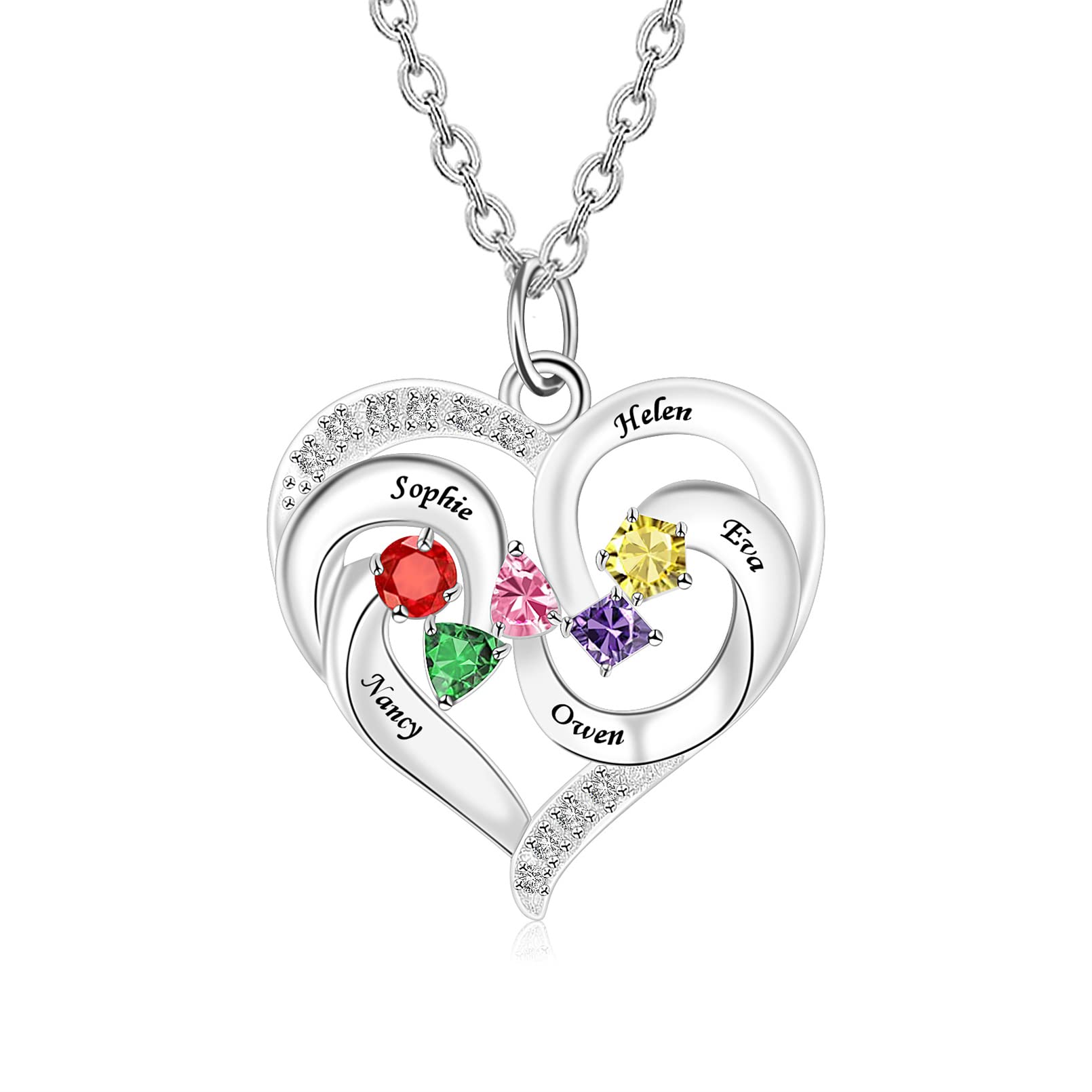 MissNaNa Personalized Birthstone Necklace for Mom, Women, Wife - Custom Name Jewelry with 1-5 Names in Round, Triangle, Pentagon, Princess & Pear Cuts - Perfect Gift for Mother's Day, Birthday & Anniversary