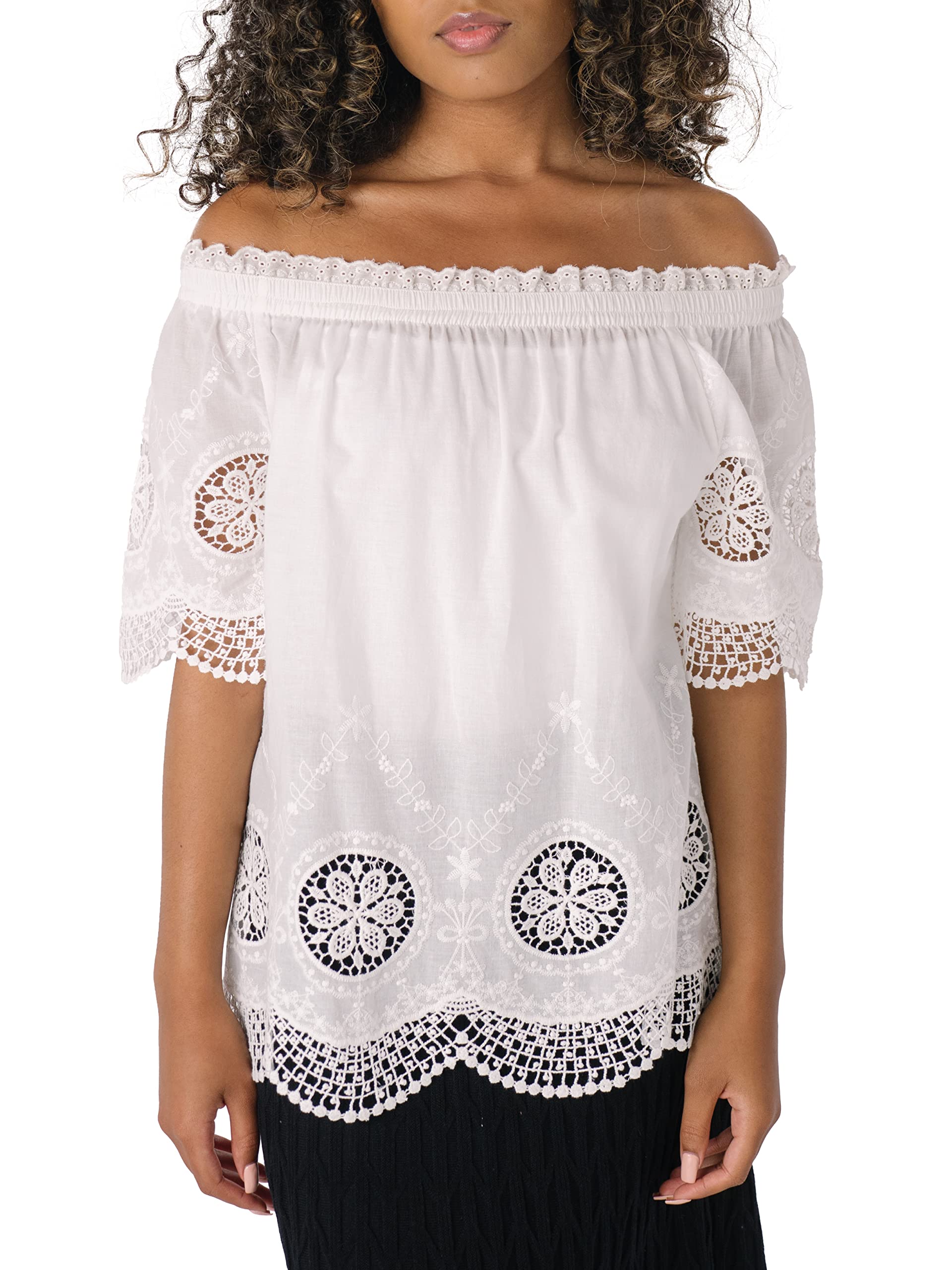 Ivory Border Crochet Off Shoulder Top - Elegant Boho Summer Blouse for Women, Perfect for Beach Vacations, Music Festivals & Date Nights
