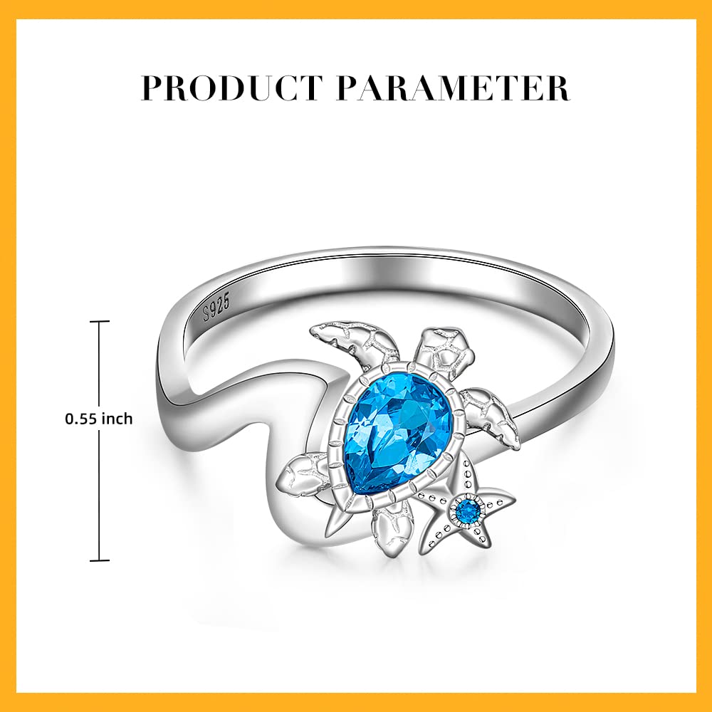 Wave Sea Turtle Ring Sterling Silver with Sapphire & Blue Zircon - Ocean Themed Jewelry for Women (Sizes 6-10) | Perfect Gift for Sister, Friend & Mom | Beach Wedding, Anniversary & Boho Fashion Accessory