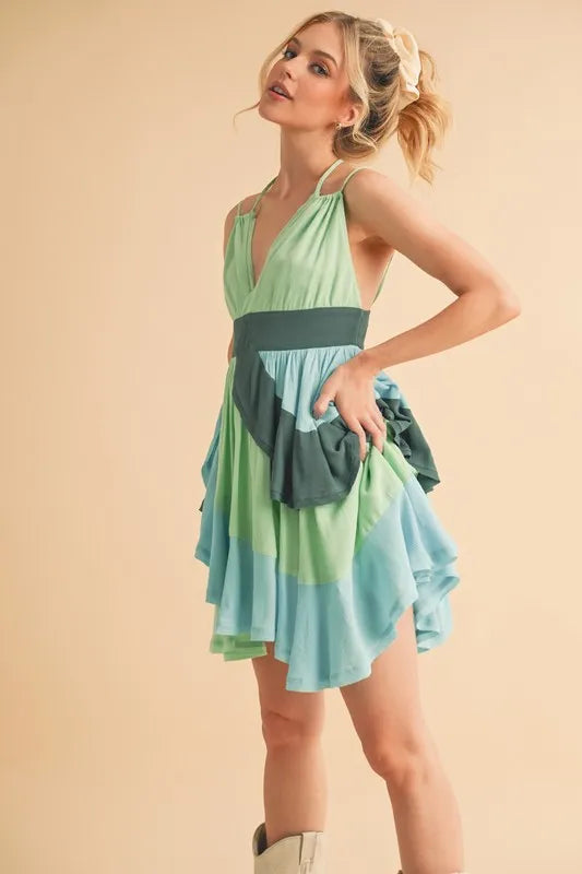 Stylish Green Ruffled Sleeveless Mini Dress for Women - Perfect for Beach Vacation, Summer Party & Resort Wear