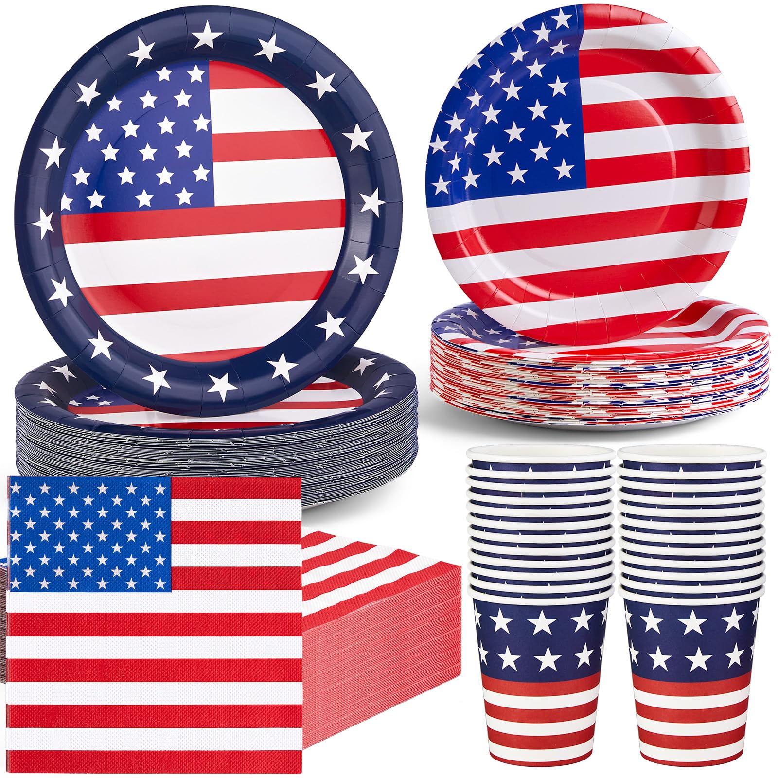 96Pcs Patriotic Paper Plates & Napkins Set - American Flag Themed Disposable Party Supplies for 4th of July, Veterans Day, Memorial Day & Election Decorations - Perfect for BBQ, Picnic, Backyard Parties & Patriotic Celebrations
