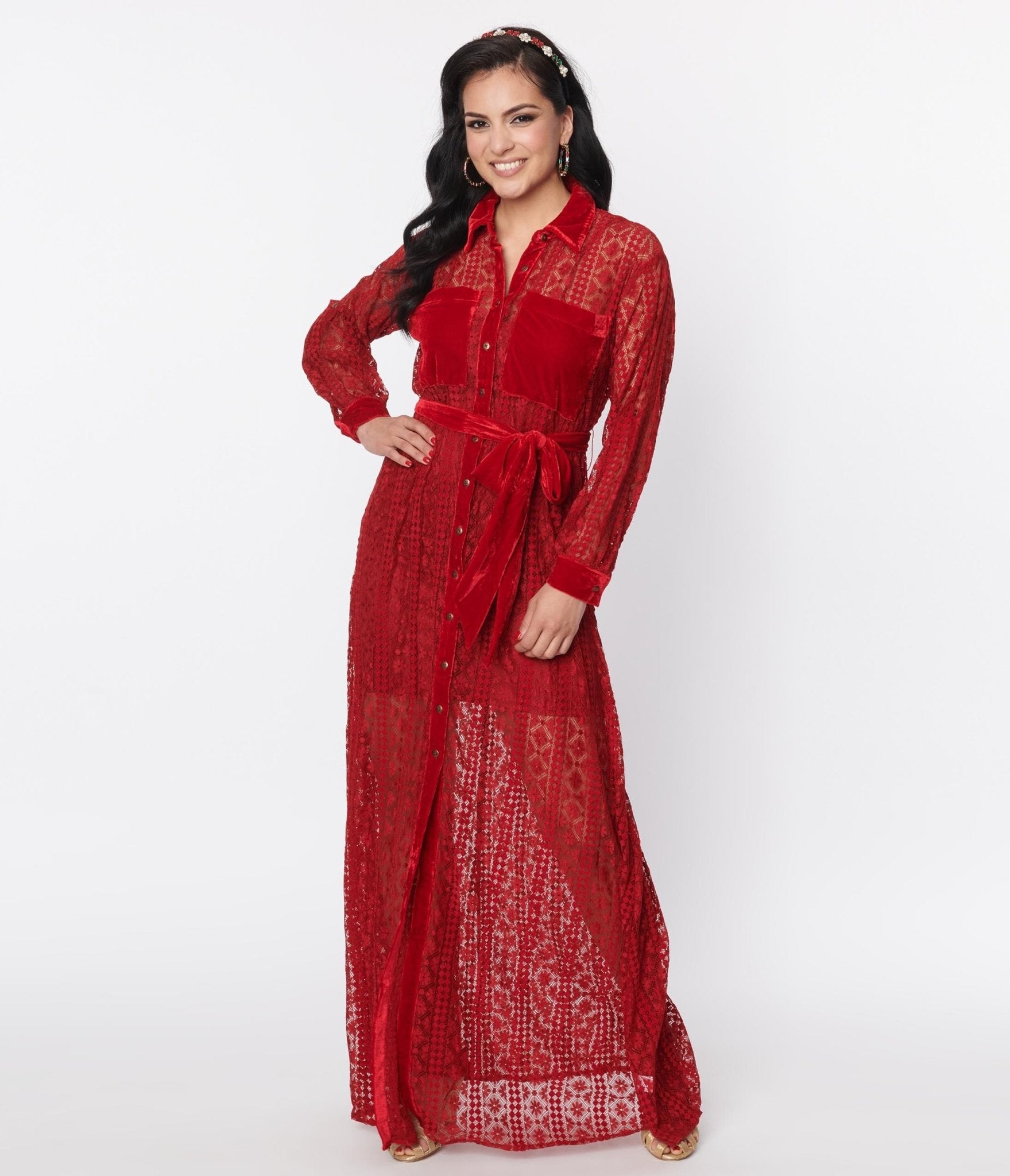 Vintage 1970s Burgundy Lace Blanche Maxi Shirtdress - Retro Floral Long Sleeve Button Down Dress for Women | Perfect for Weddings, Parties & Boho Fashion