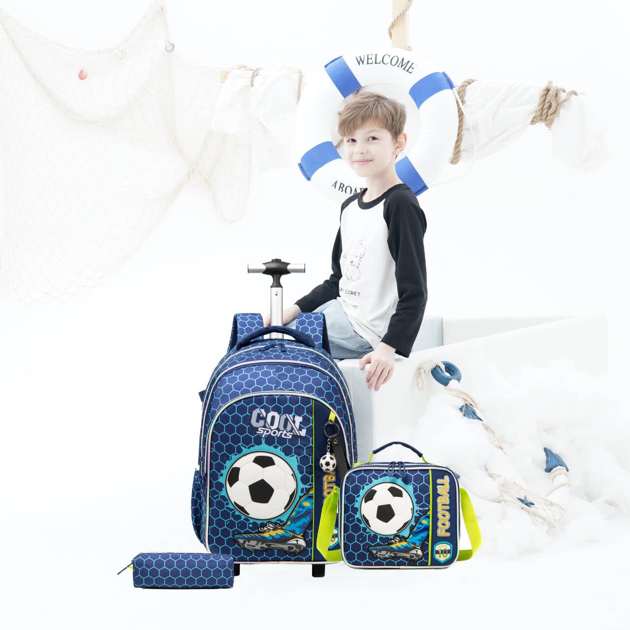 Rolling Backpack with Wheels for Kids - Durable School Backpack for Boys & Elementary Students, Includes Lunch Bag & Pencil Case - Perfect for School, Travel & Daily Use
