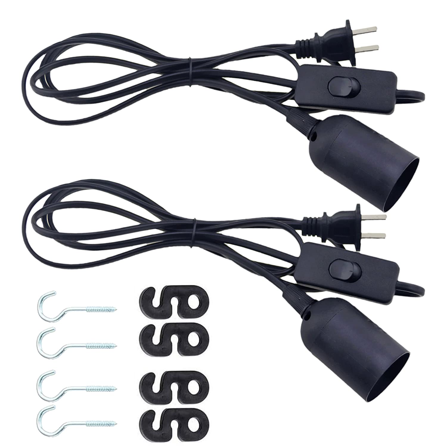 2 Pack E26 E27 LED Pendant Light Sockets with 5.9FT Extension Cord, On/Off Switch & US Plug - Dimmable Hanging Bulb Holder for Kitchen Island, Bar Counter, Dining Room Lighting (Black)