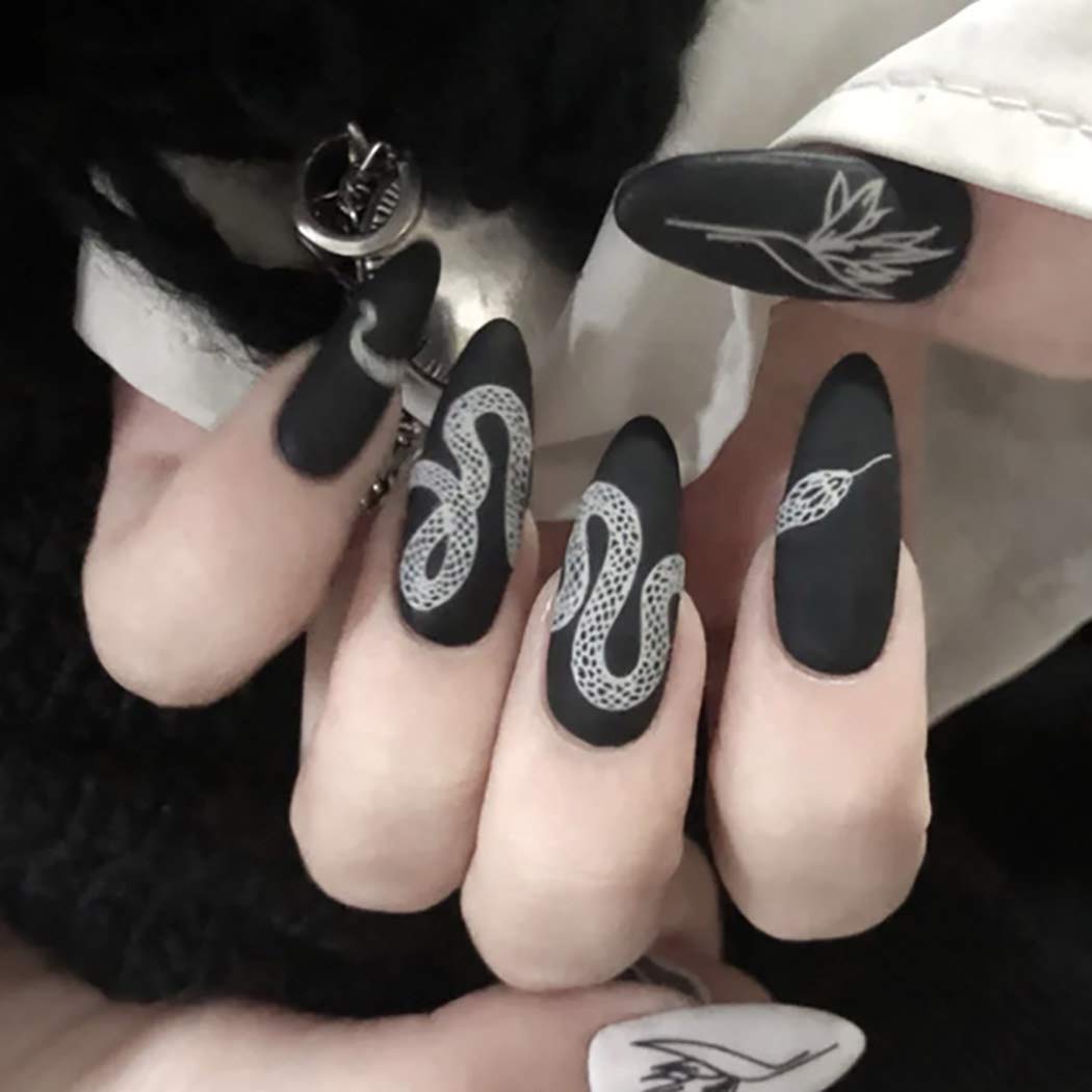 Sethexy 24Pcs Matte Stiletto Press on Nails - Black White Snake Print Acrylic Fake Nails for Women, Long Full Cover False Nails Tips | Perfect for Parties, Weddings, and Special Occasions